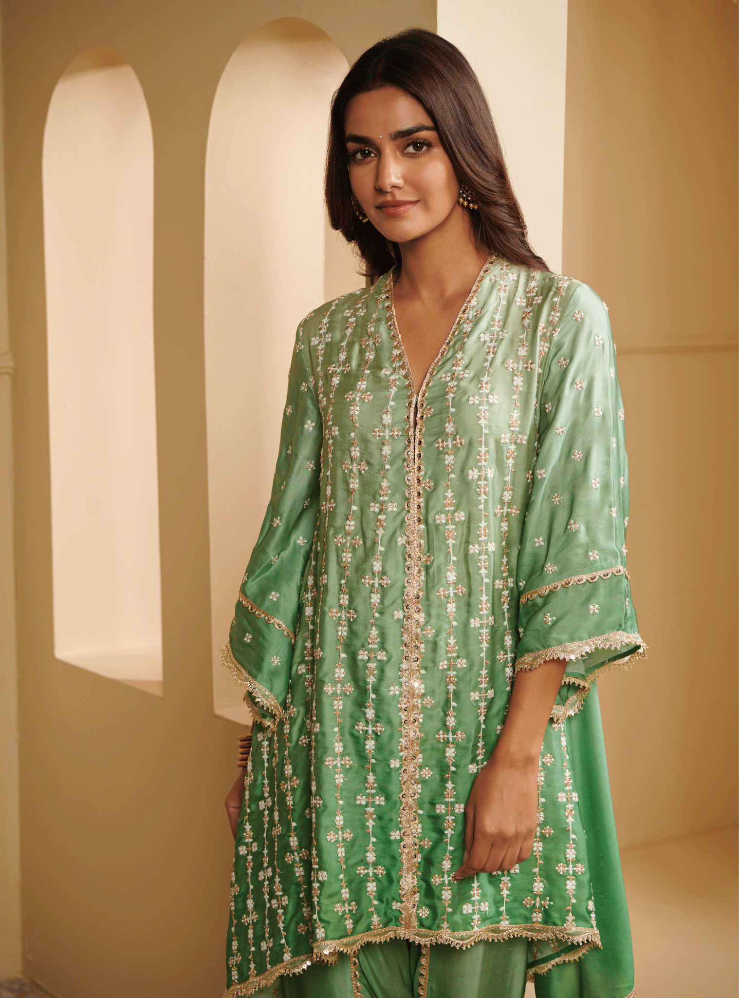 Mulmul Cupro Silk Inara Green Kurta With Inara Green Dhoti Pant