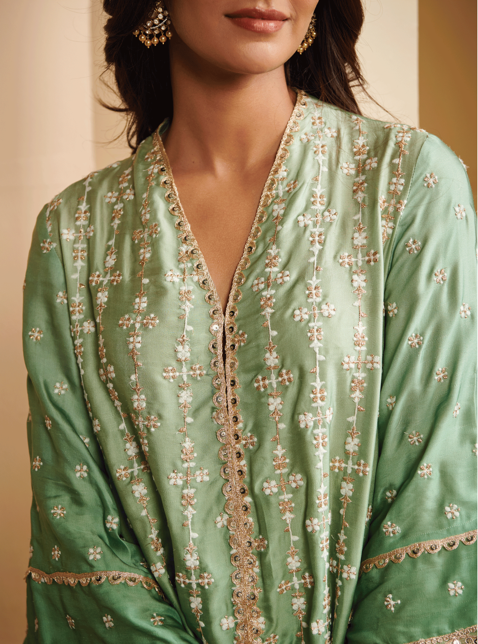 Mulmul Cupro Silk Inara Green Kurta With Inara Green Dhoti Pant