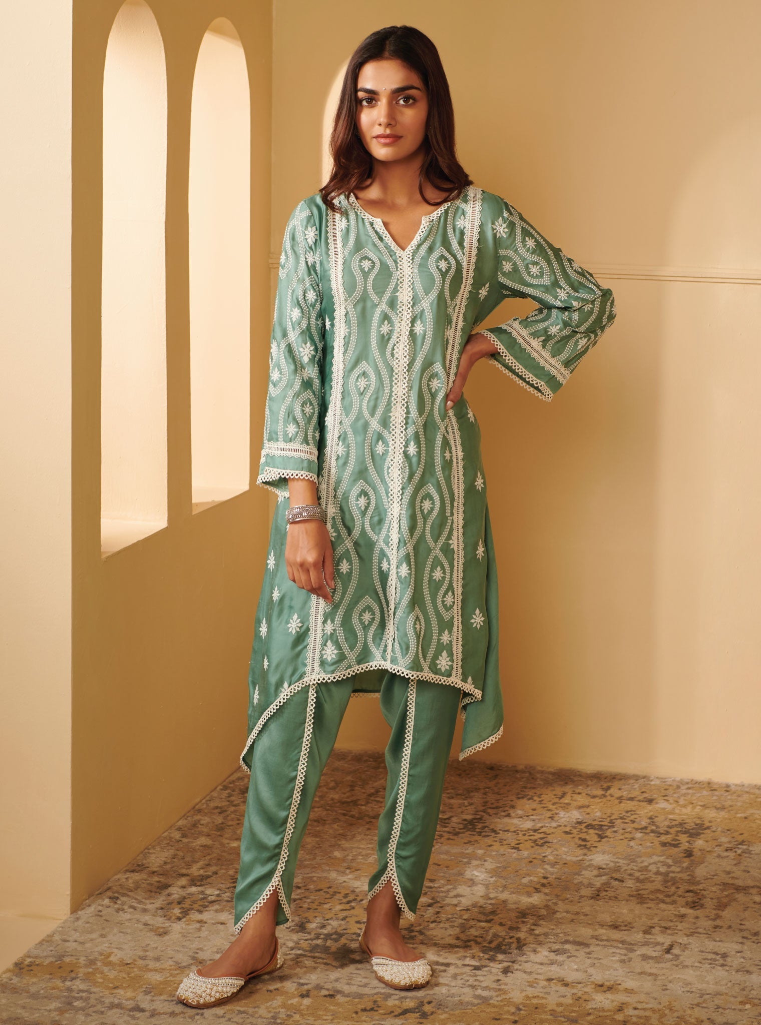 Mulmul Cupro Silk Semya Teal Kurta With Semya Teal Dhoti Pant