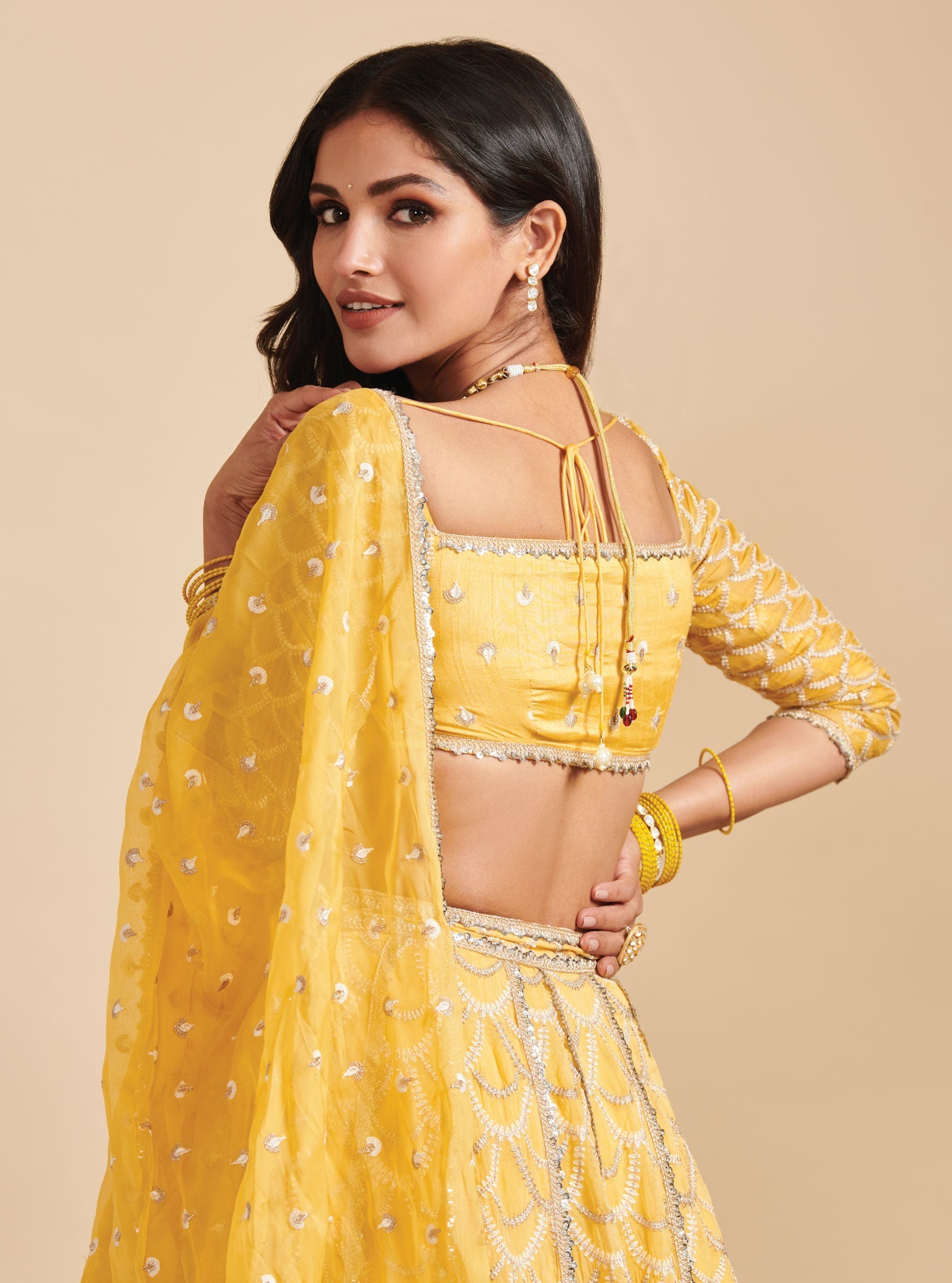 Mulmul Organza Morni Yellow Lehenga