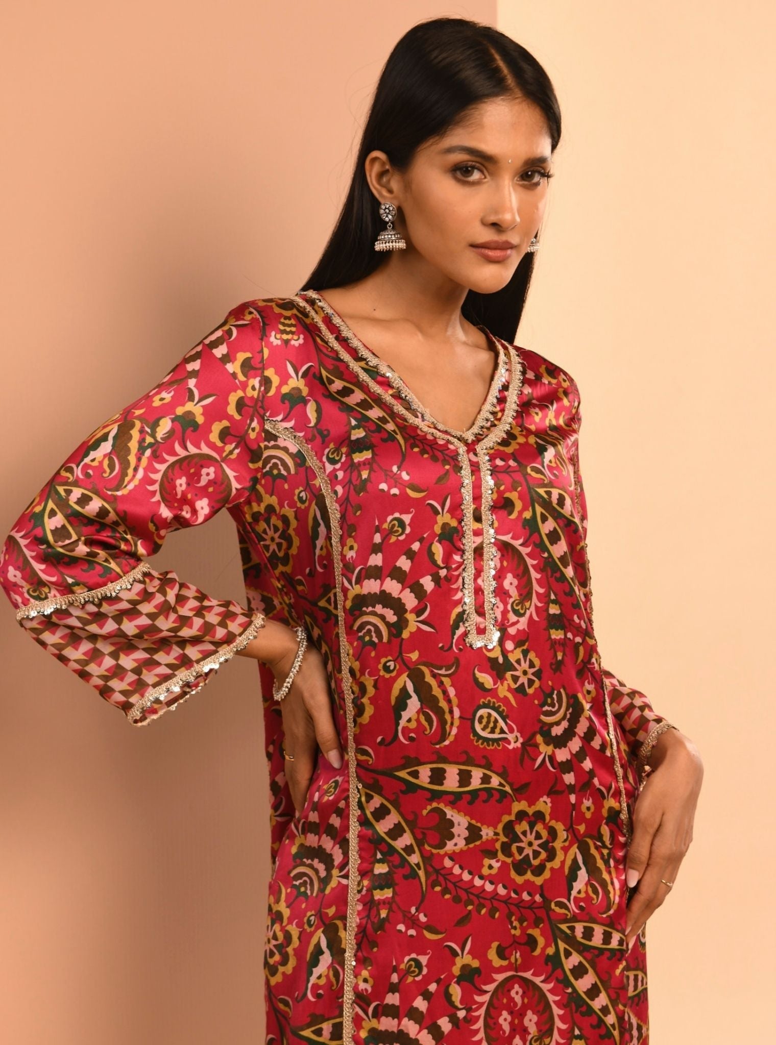 Mulmul Cupro Selah Fuchsia Kurta With Mulmul Selah Fuchsia Pant