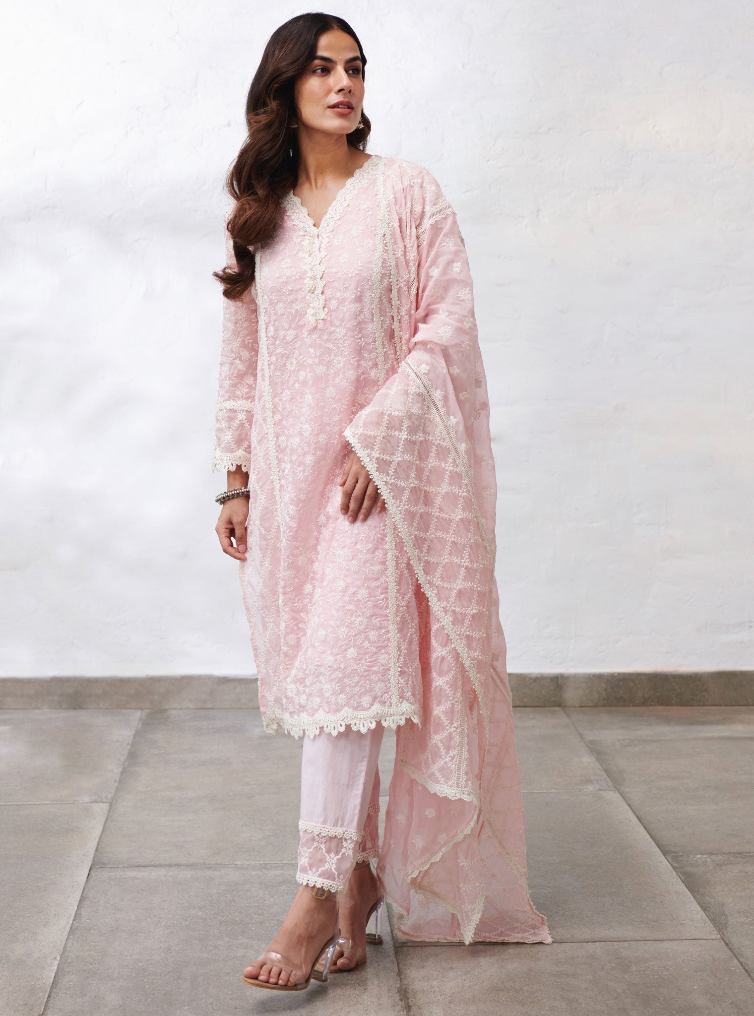 Mulmul Organza Sunderland Pink Kurta With Cotton Sunderland Pink Pant