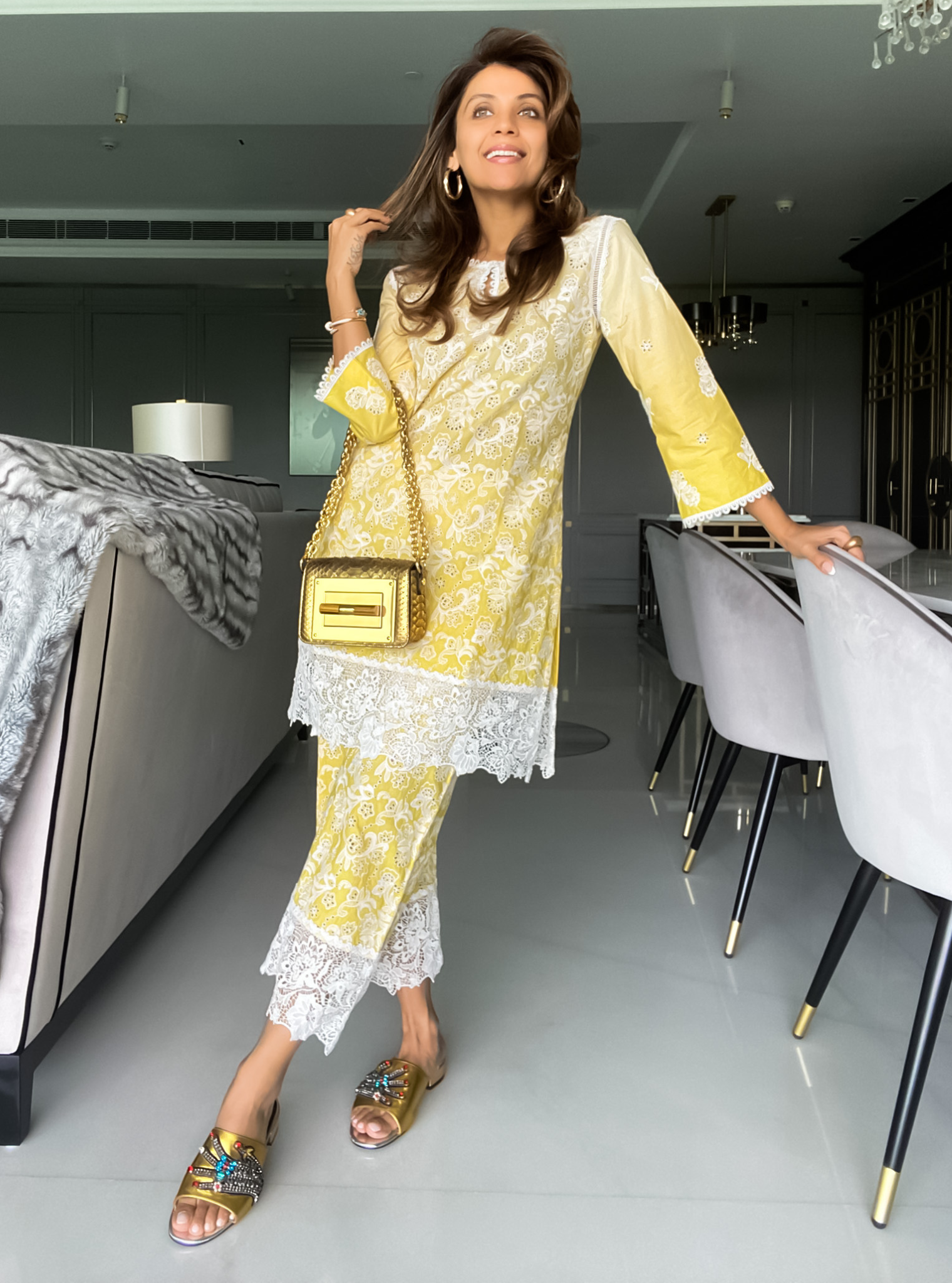 Mulmul Cotton Tista Yellow Kurta With Tista Yellow Palazzo