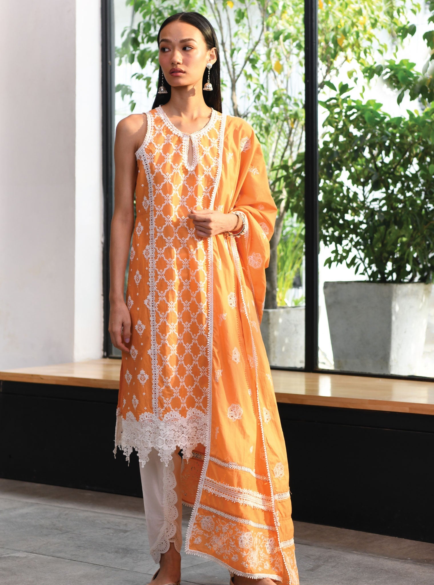 Mulmul Cotton Newry Orange Kurta With Border White Dhoti Pant