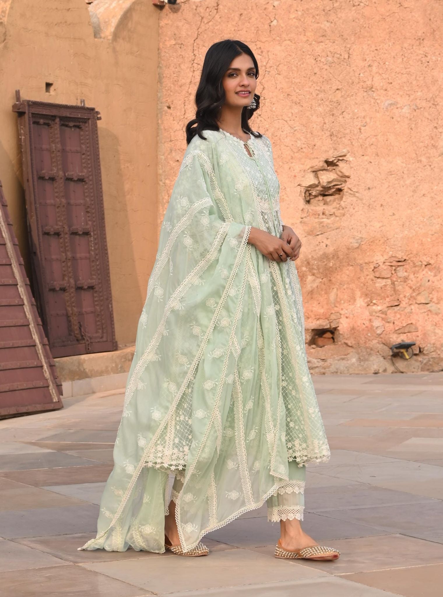 Mulmul Organza Zola Green Anarkali Kurta With Mulmul Cotton Zola Green Pant