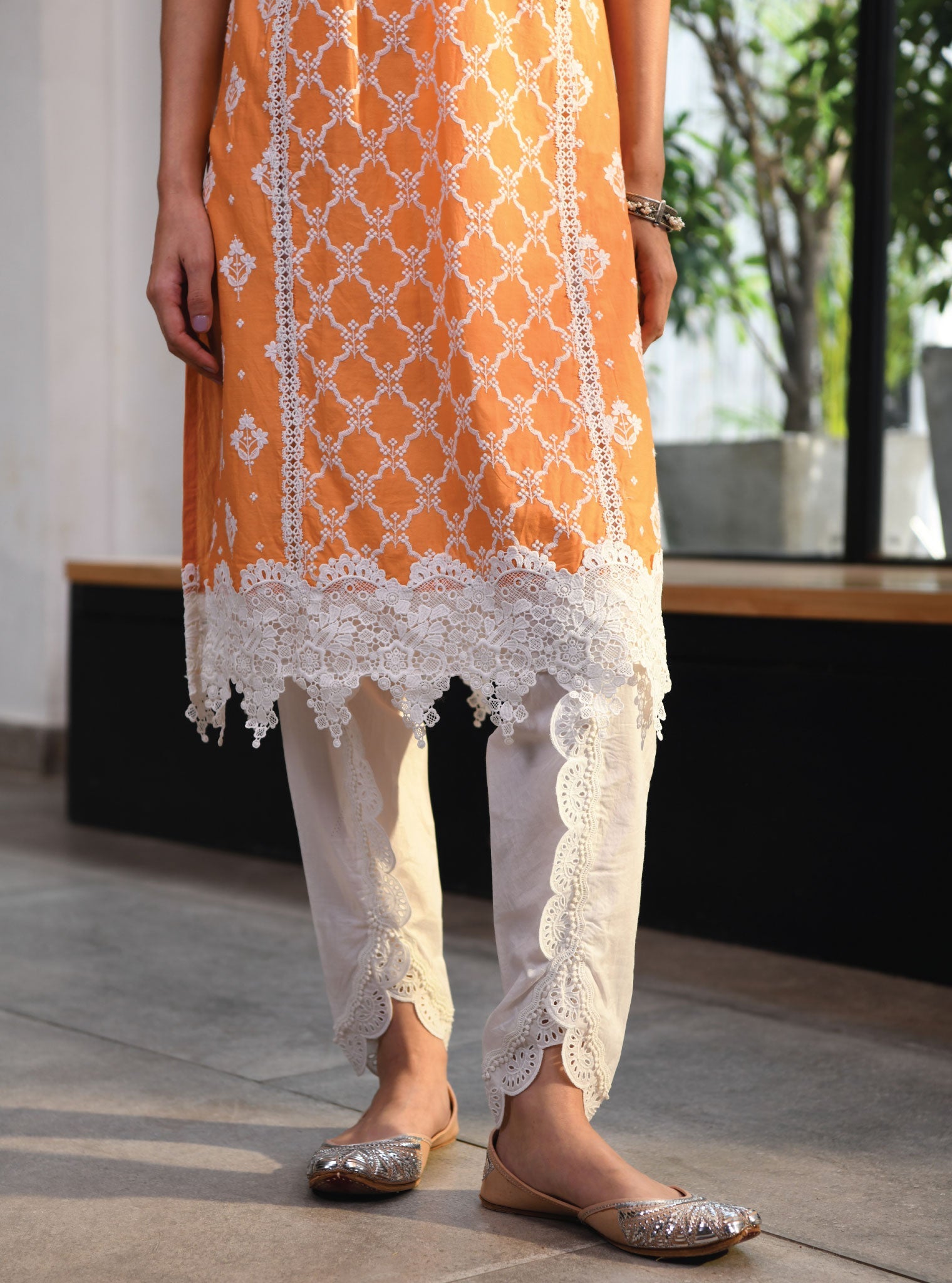 Mulmul Cotton Newry Orange Kurta With Border White Dhoti Pant