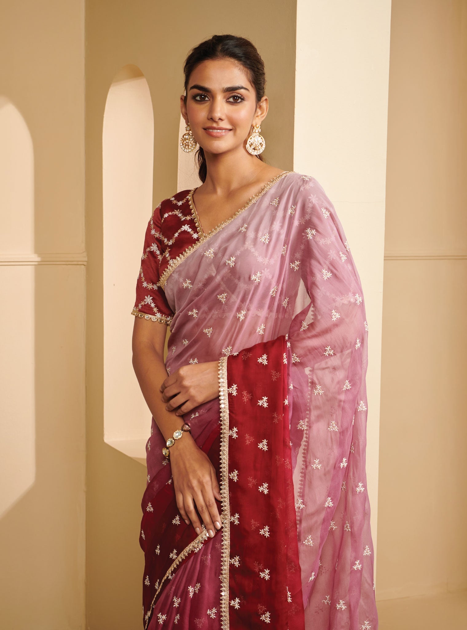 Mulmul Organza Ombre Dhiti Wine Saree