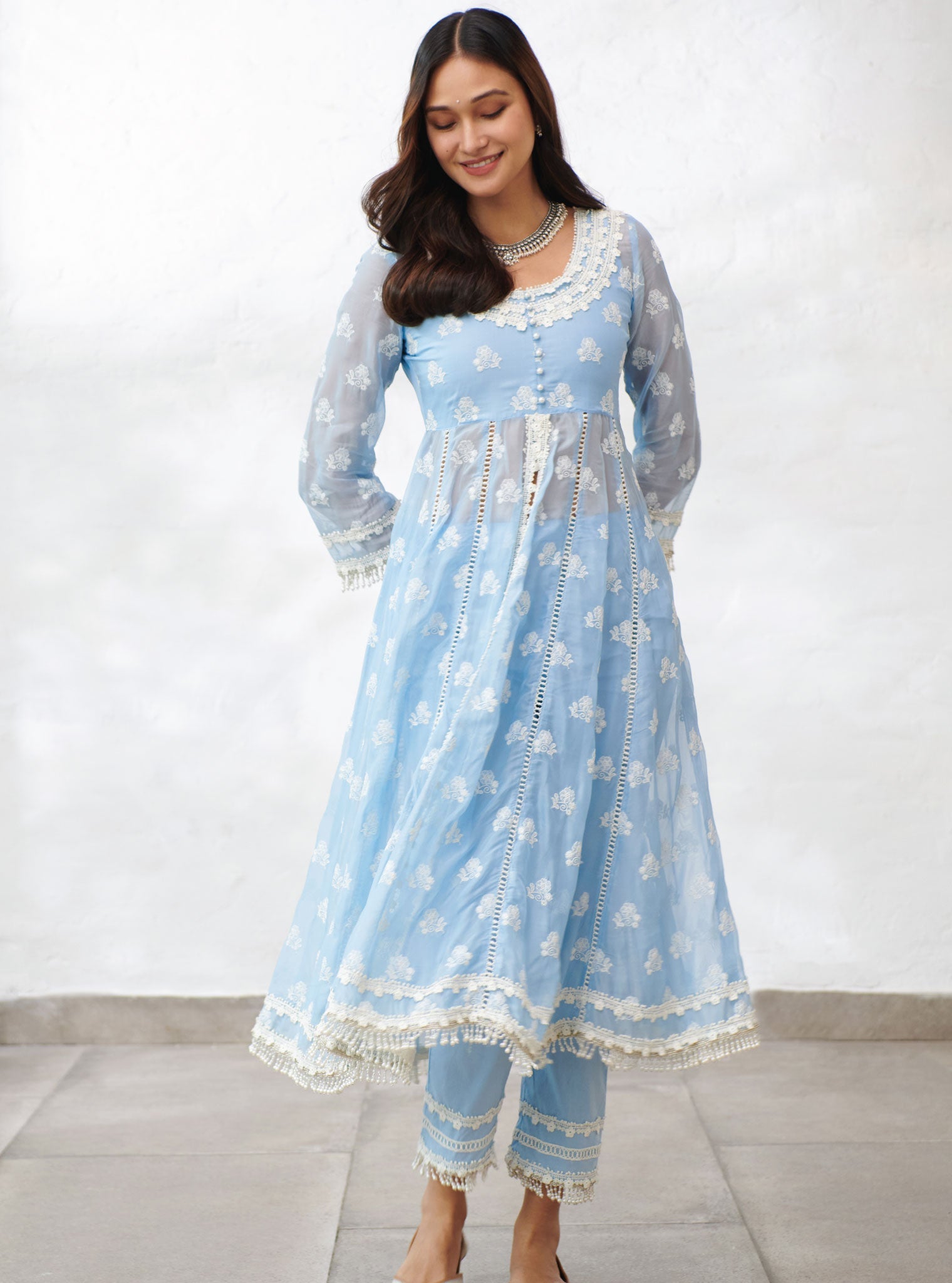 Mulmul Organza Somerset Blue Anarkali Kurta With Cotton Somerset Blue Pant