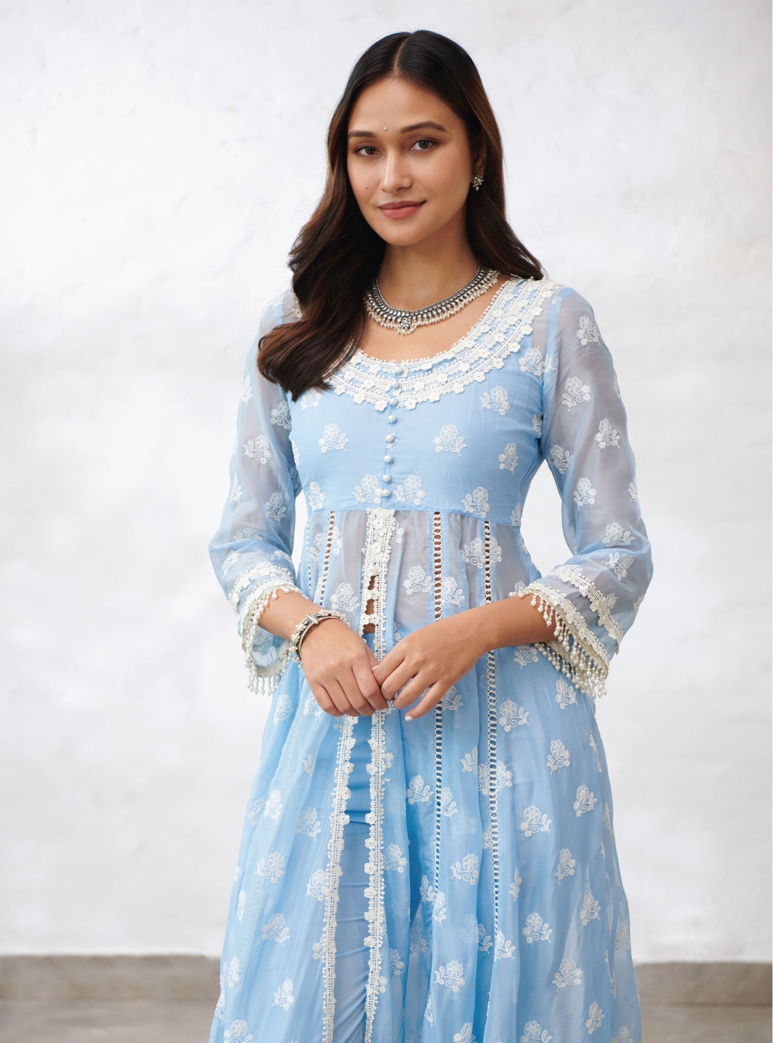 Mulmul Organza Somerset Blue Anarkali Kurta With Cotton Somerset Blue Pant