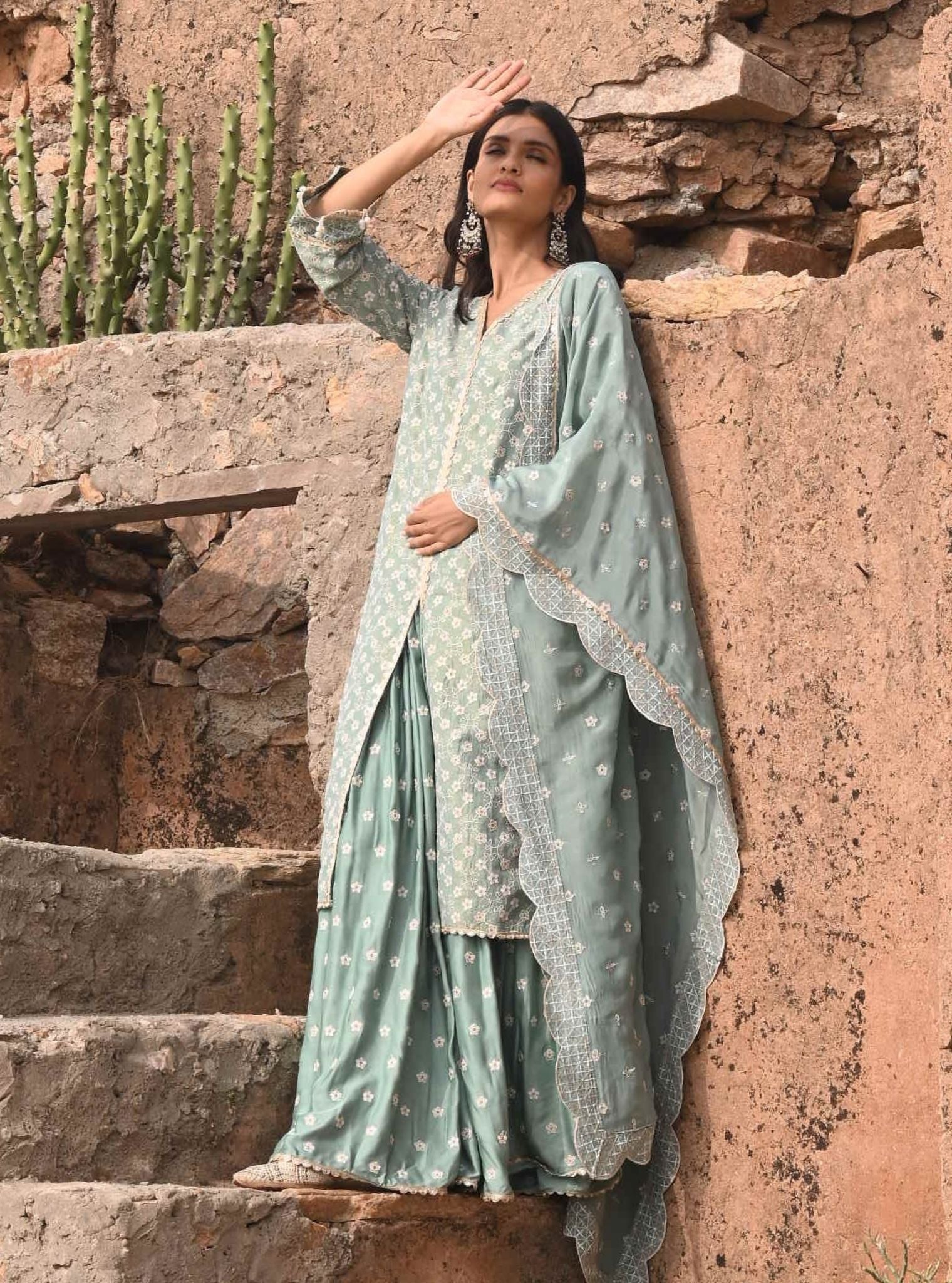 Mulmul Luxe Tissue Satin Maaeri Teal Blue Kurta with Mulmul Modal Satin Maaeri Teal Blue Skirt