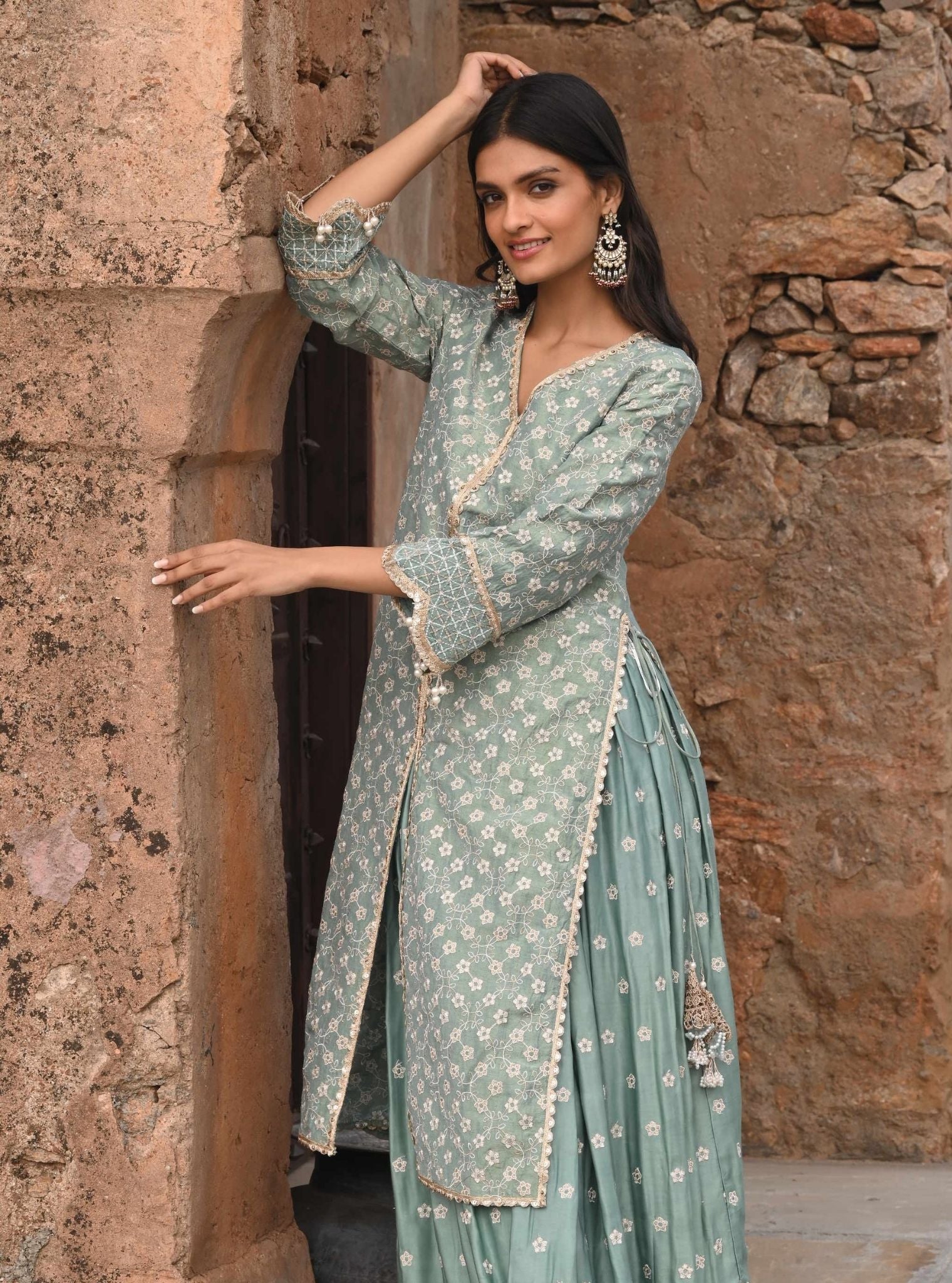 Mulmul Luxe Tissue Satin Maaeri Teal Blue Kurta with Mulmul Modal Satin Maaeri Teal Blue Skirt