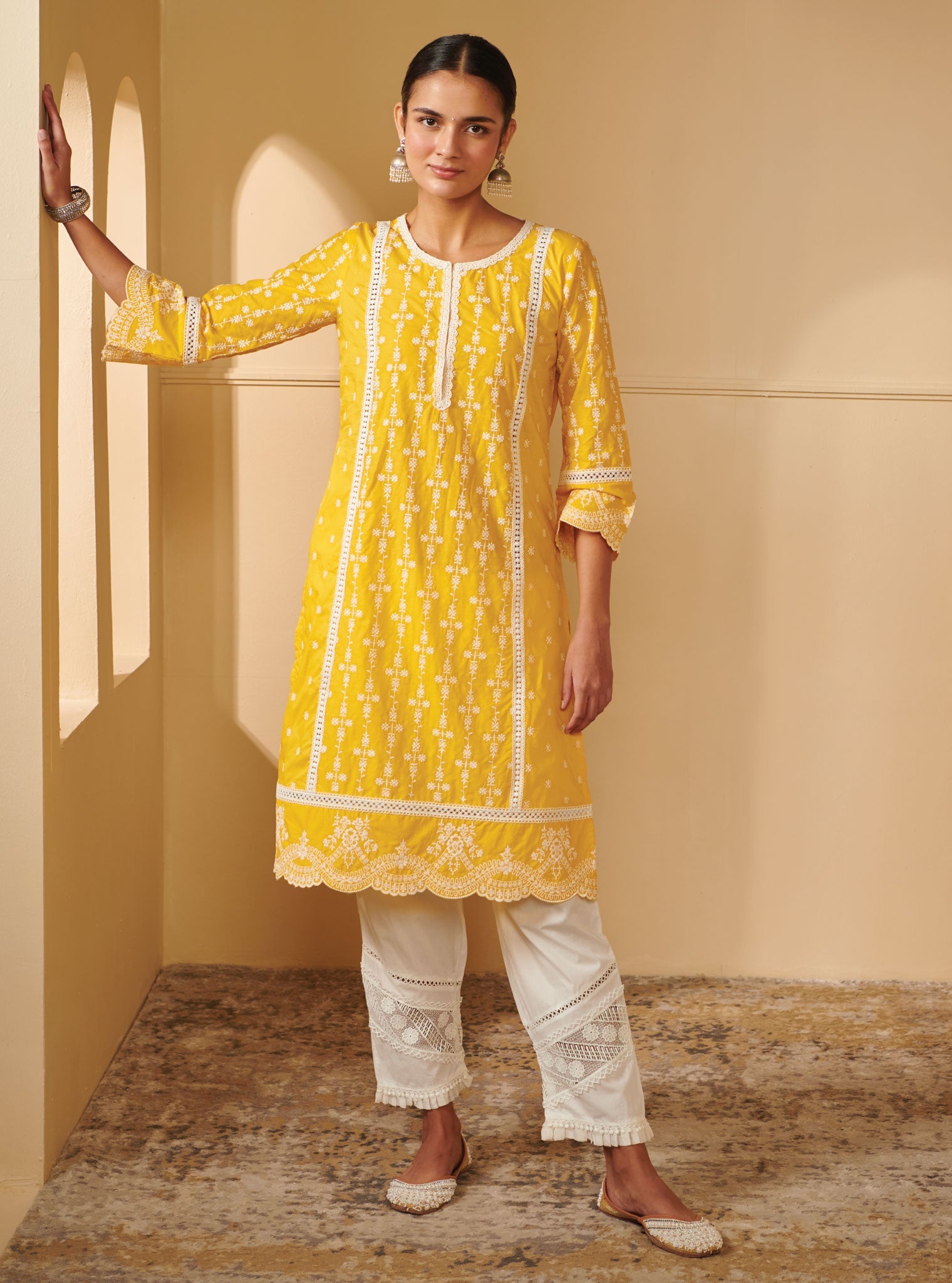 Mulmul Cotton Laiqa Mango Kurta With Mulmul Cotton Diagonal Lace White Pant