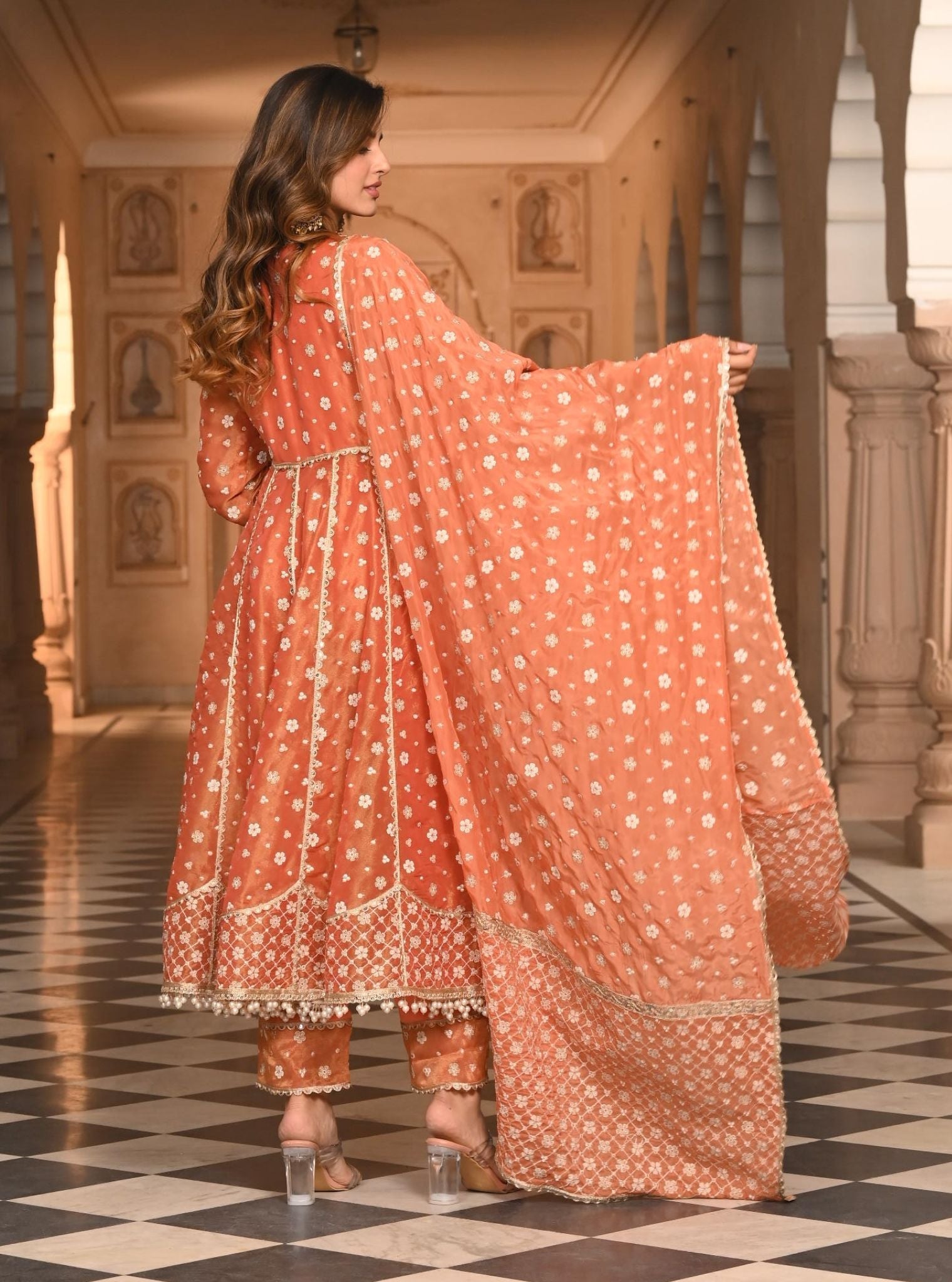 Mulmul Luxe Tissue Majhi Burnt Orange Anarkali Kurta with Mulmul Modal Satin Majhi Burnt Orange Pant