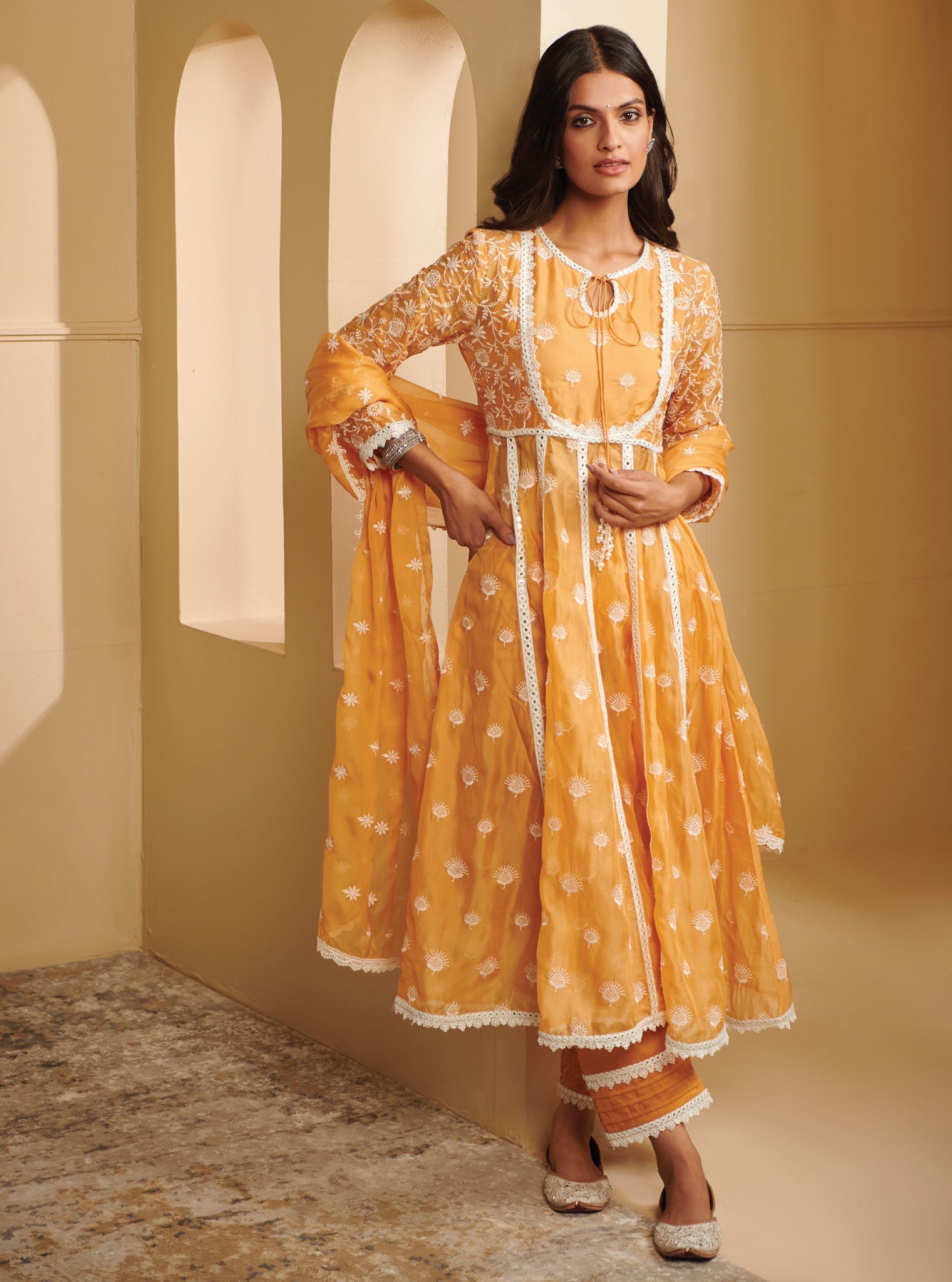 Mulmul Organza Prasatti Anarkali Mango Kurta With Mulmul Pima Satin Prasatti Mango pant