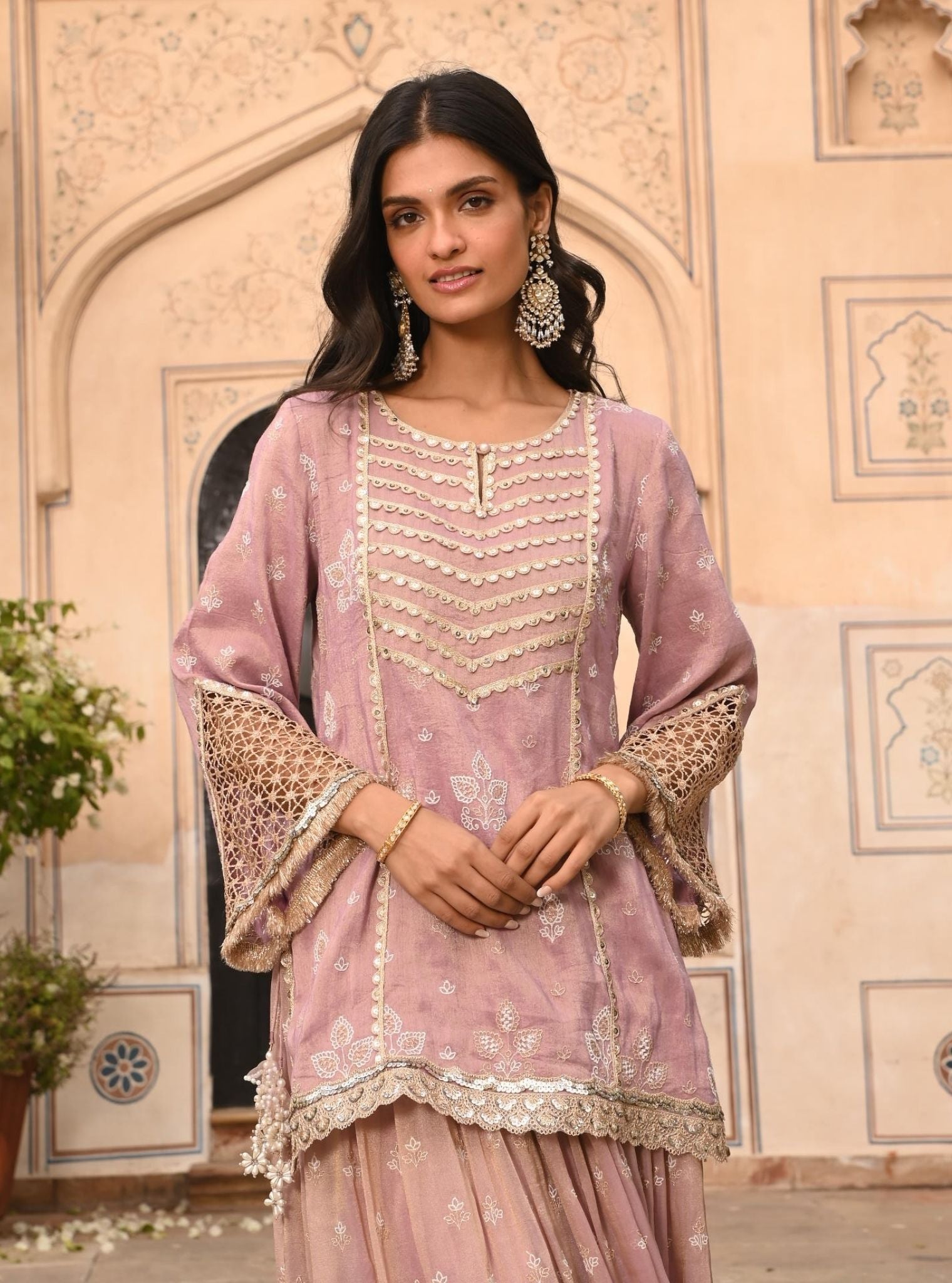 Mulmul Luxe Tissue Satin Lamhe Lilac Kurta with Mulmul Luxe Tissue Lamhe Lilac Skirt