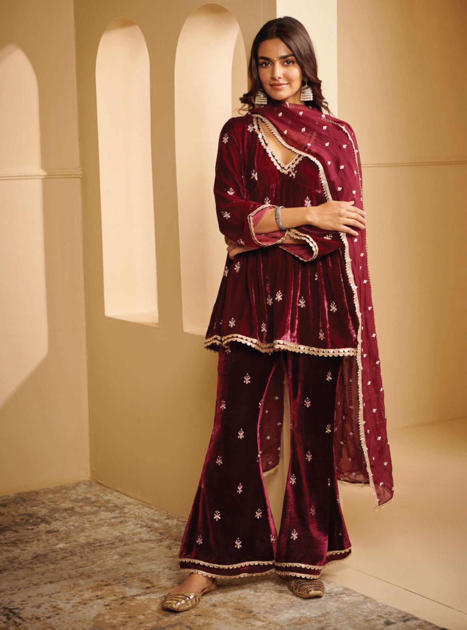 Mulmul Velvet Mysa Wine Kurta With Mysa Wine Pant