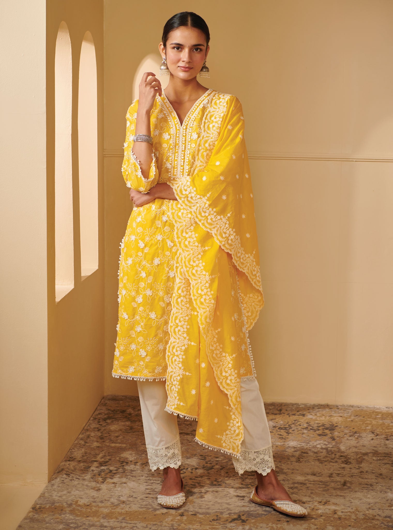 Mulmul Cotton Tahira Mango Kurta With Mulmul Cotton Irena White Pant