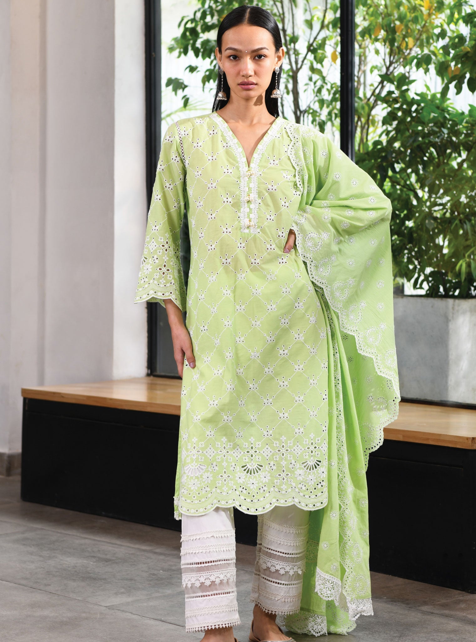 Mulmul Cotton Perth Green Kurta With Multi Lace Slim White Pant