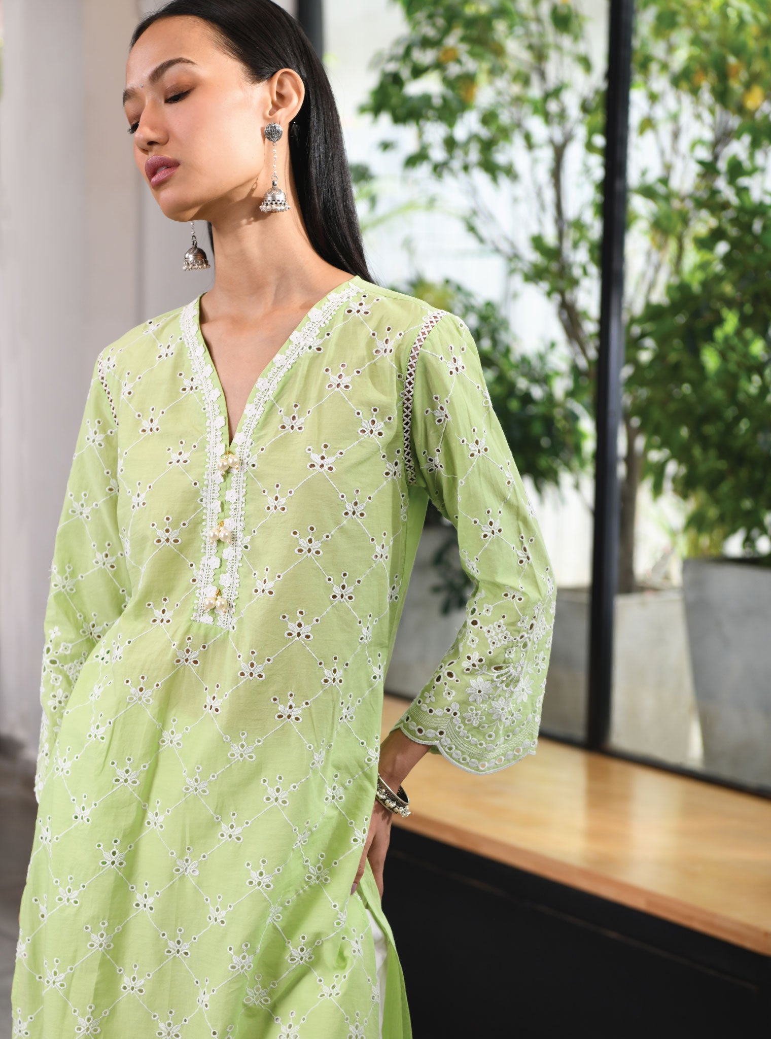 Mulmul Cotton Perth Green Kurta With Multi Lace Slim White Pant