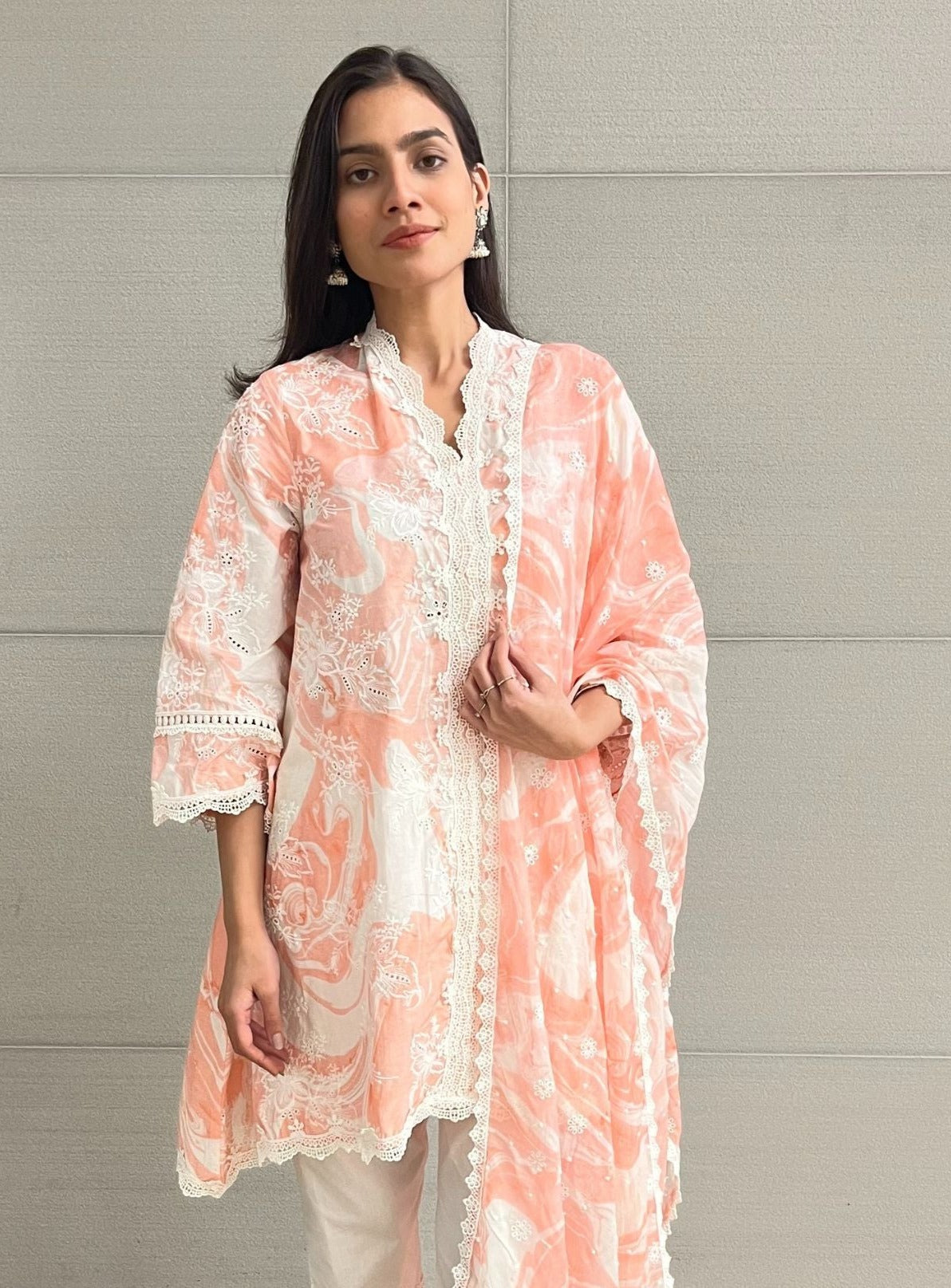 Mulmul Cotton Marble Verona Pink kurta With Mulmul Cotton Savri White Pant