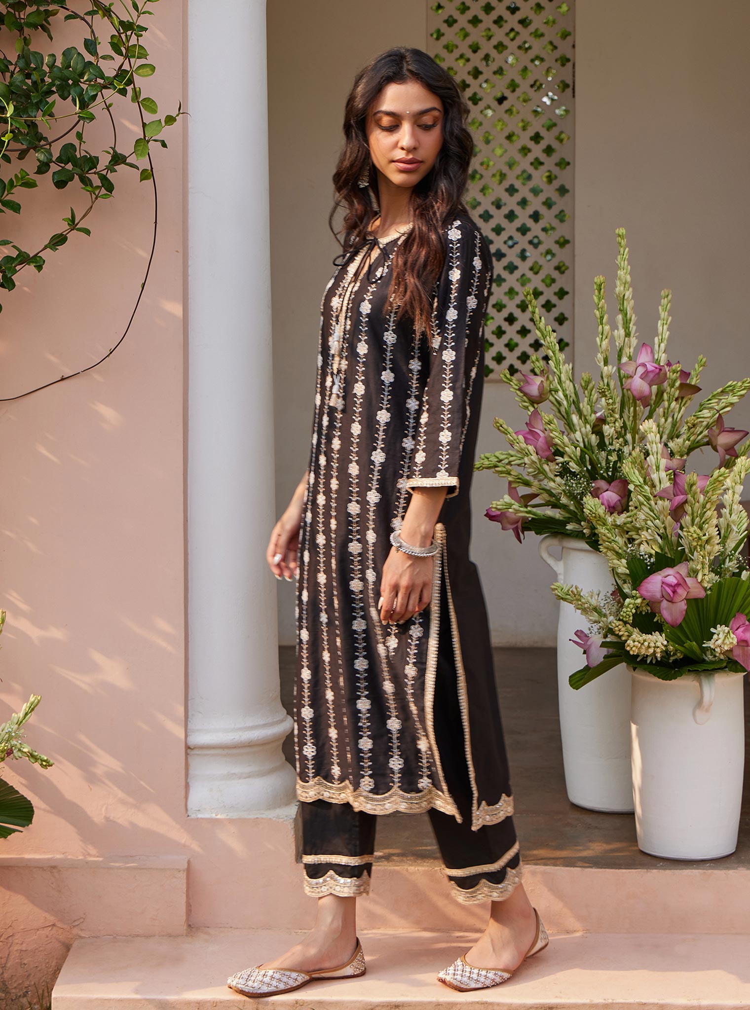 Mulmul Pima Jheel Black Kurta With Mulmul Jheel Black Pant