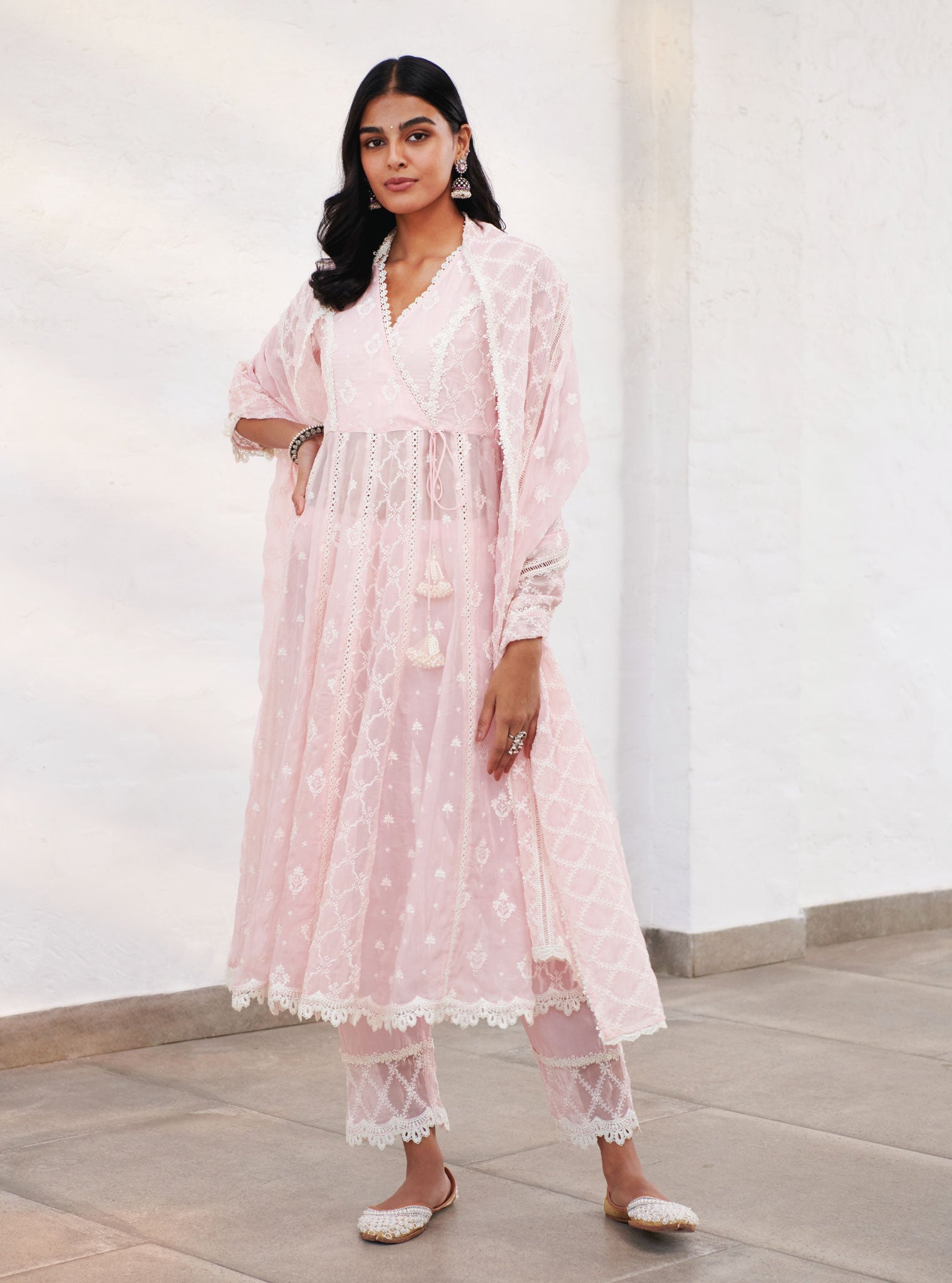 Mulmul Organza Morey Pink Anarkali Kurta With Cotton Morey Pink Pant