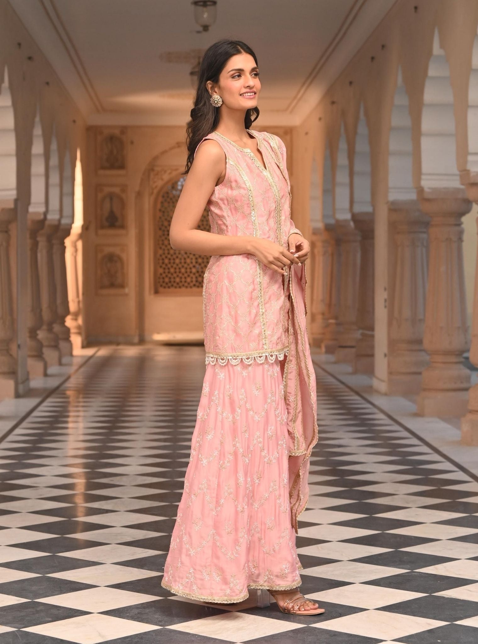 Mulmul Organza Satin Ainah Light Pink Kurta with Mulmul Organza Satin Ainah Light Pink Sharara