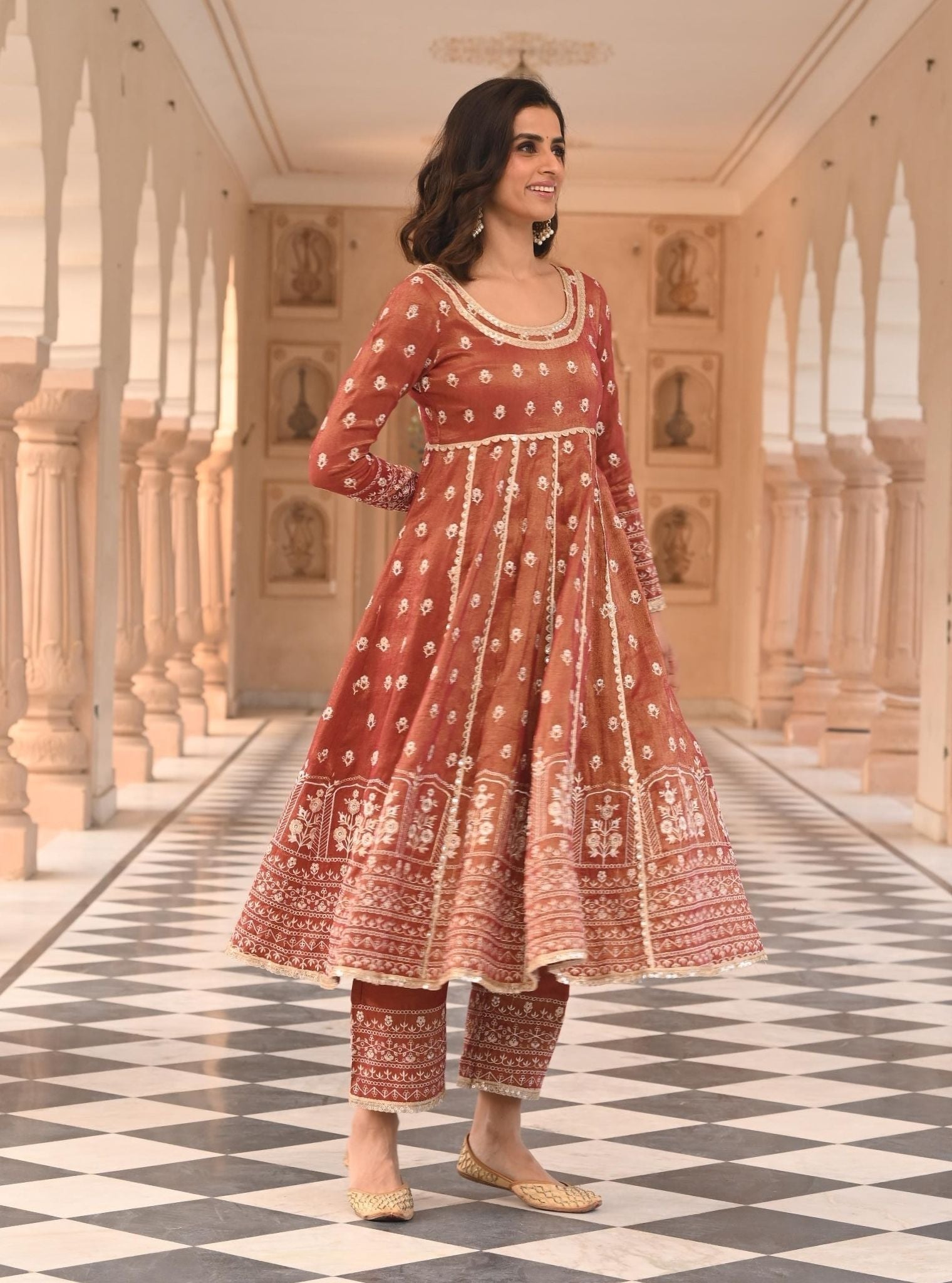 Mulmul Luxe Tissue Satin Mastani Red Anarkali Kurta with Mulmul Tissue Satin Mastani Red Pant