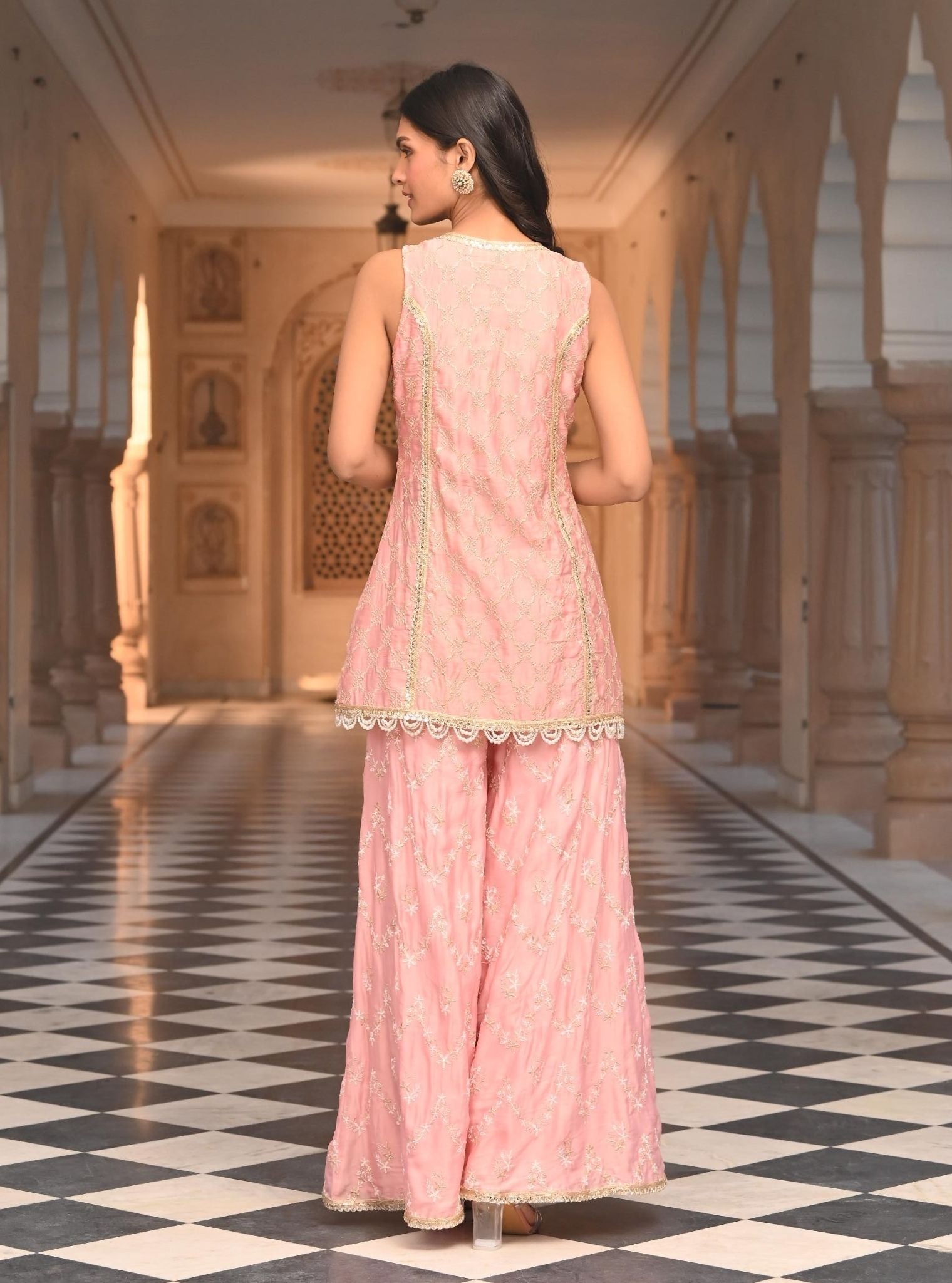 Mulmul Organza Satin Ainah Light Pink Kurta with Mulmul Organza Satin Ainah Light Pink Sharara