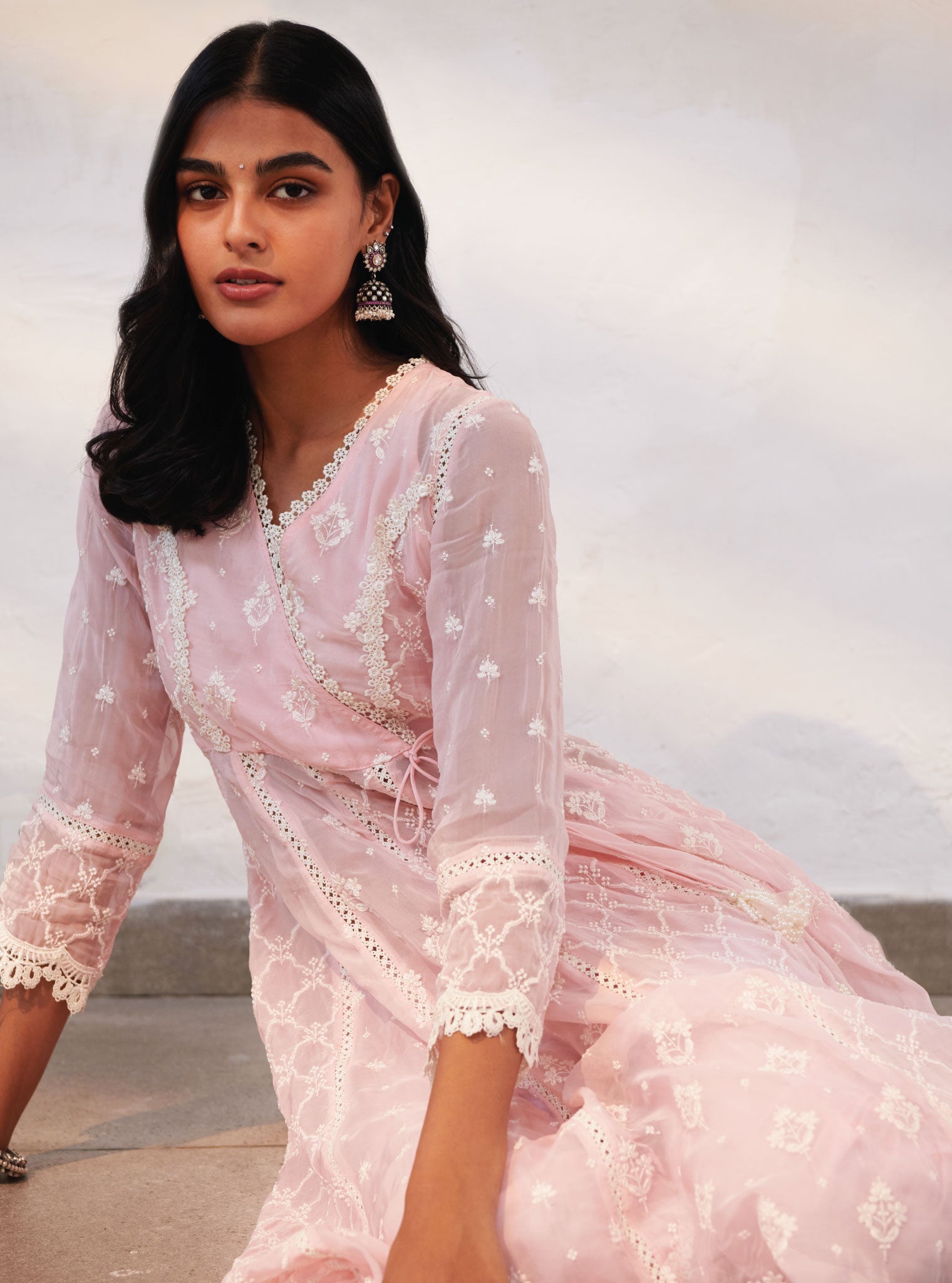 Mulmul Organza Morey Pink Anarkali Kurta With Cotton Morey Pink Pant