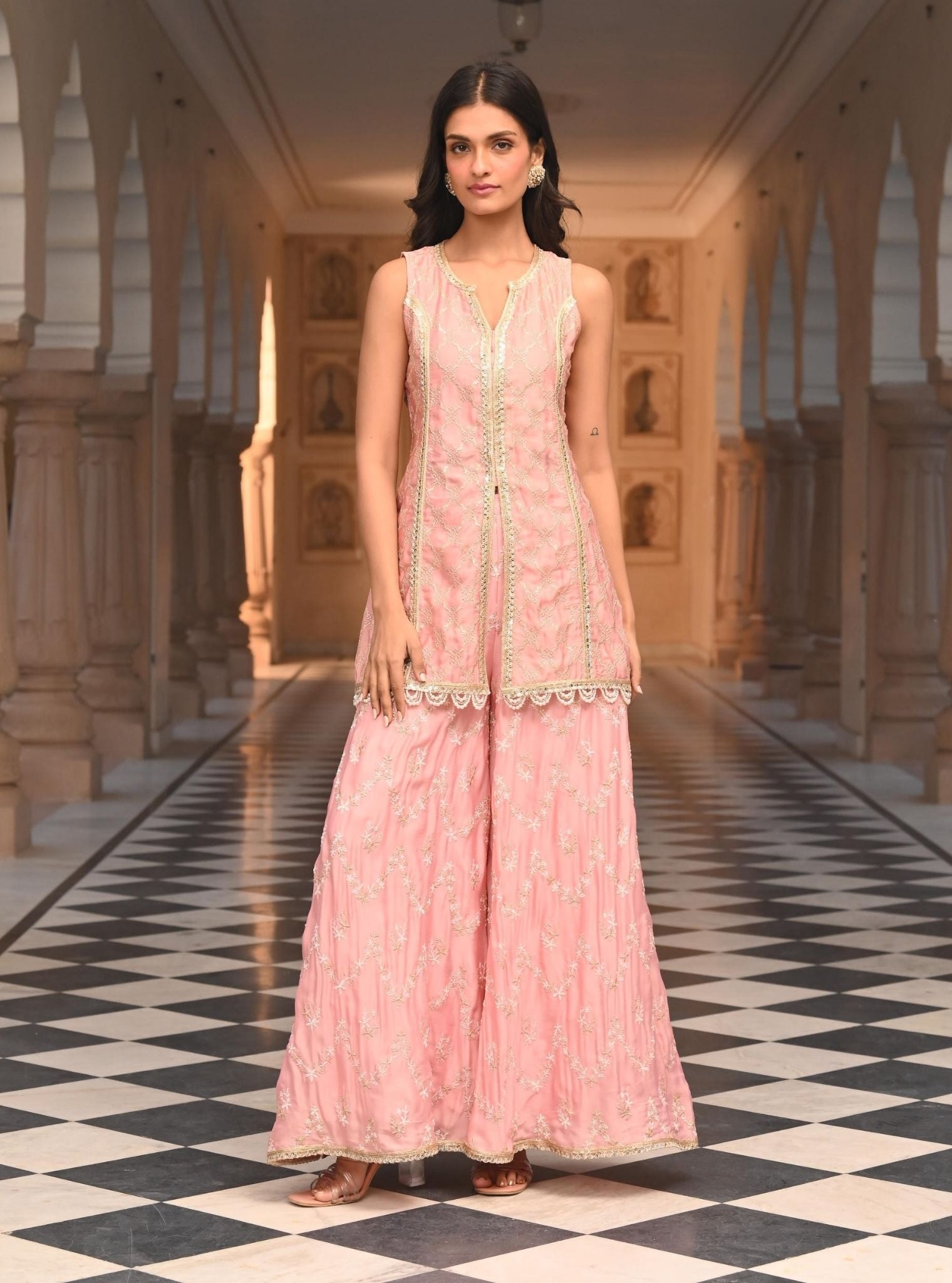 Mulmul Organza Satin Ainah Light Pink Kurta with Mulmul Organza Satin Ainah Light Pink Sharara