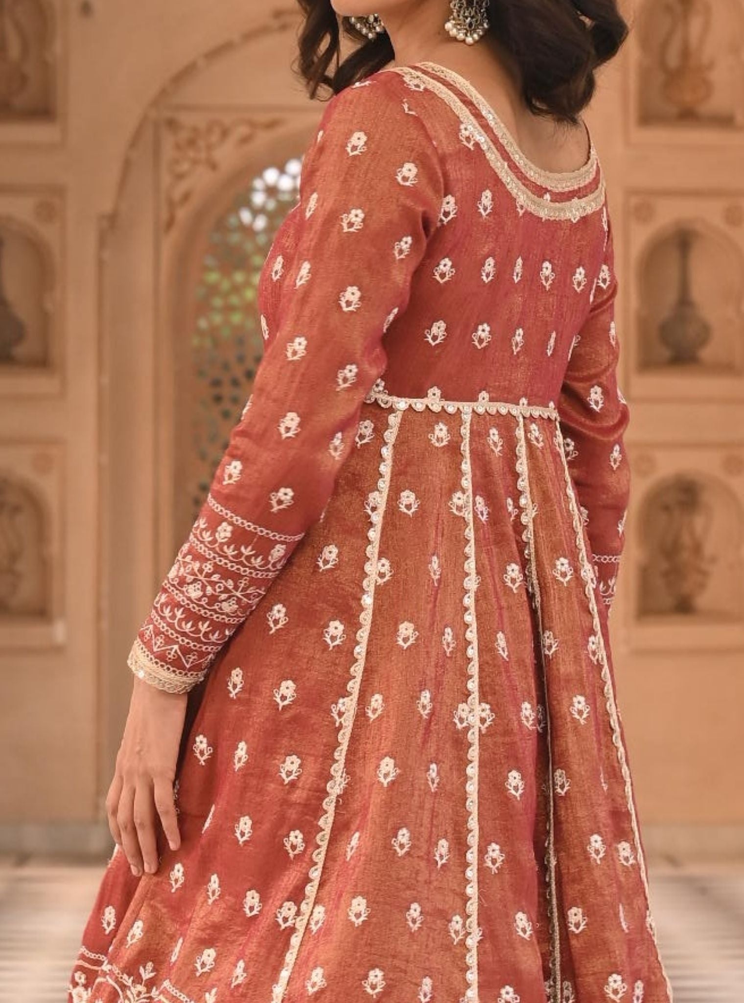 Mulmul Luxe Tissue Satin Mastani Red Anarkali Kurta with Mulmul Tissue Satin Mastani Red Pant