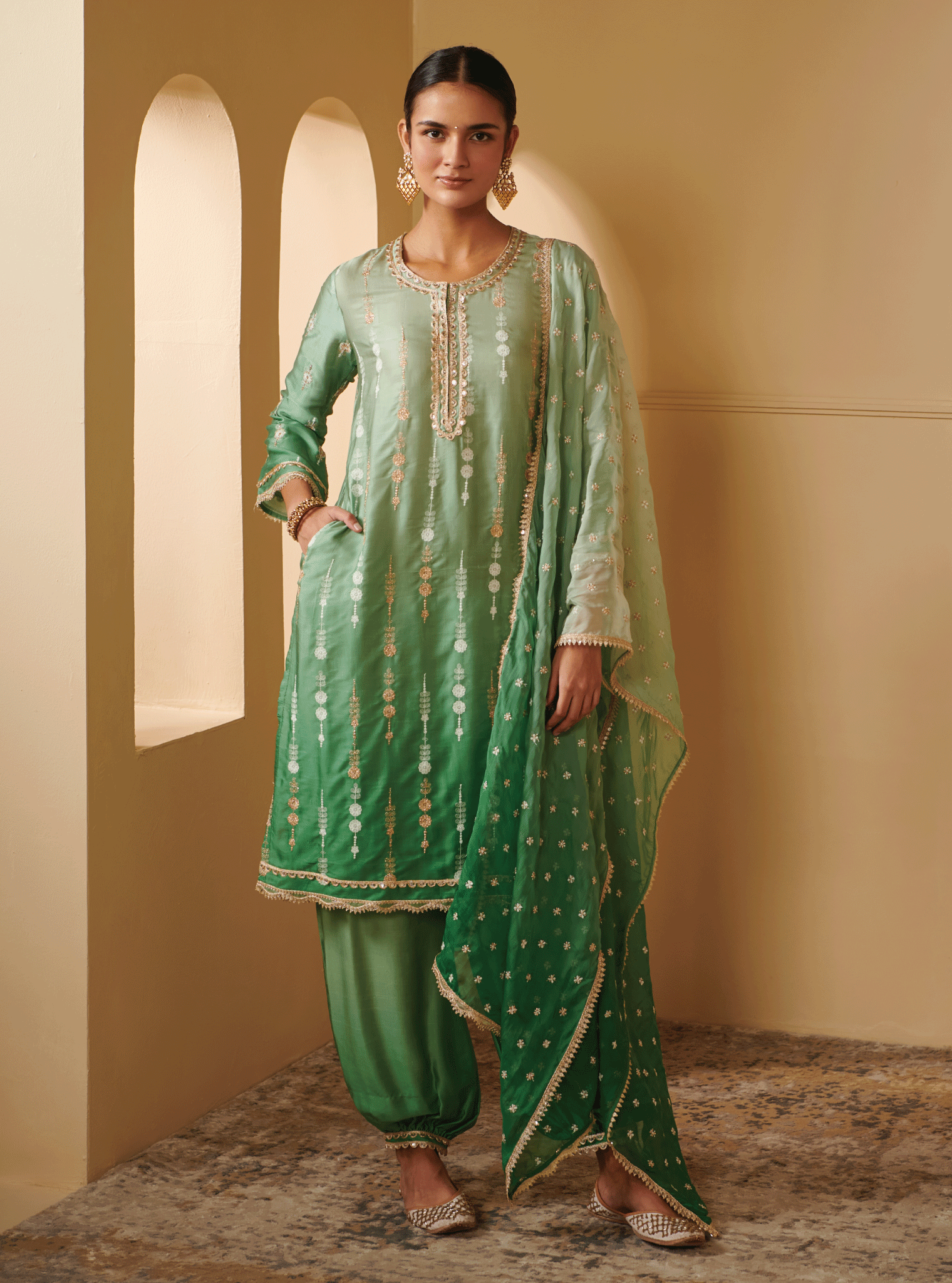 Mulmul Cupro Silk Tiya Green Kurta With Tiya Green Pant