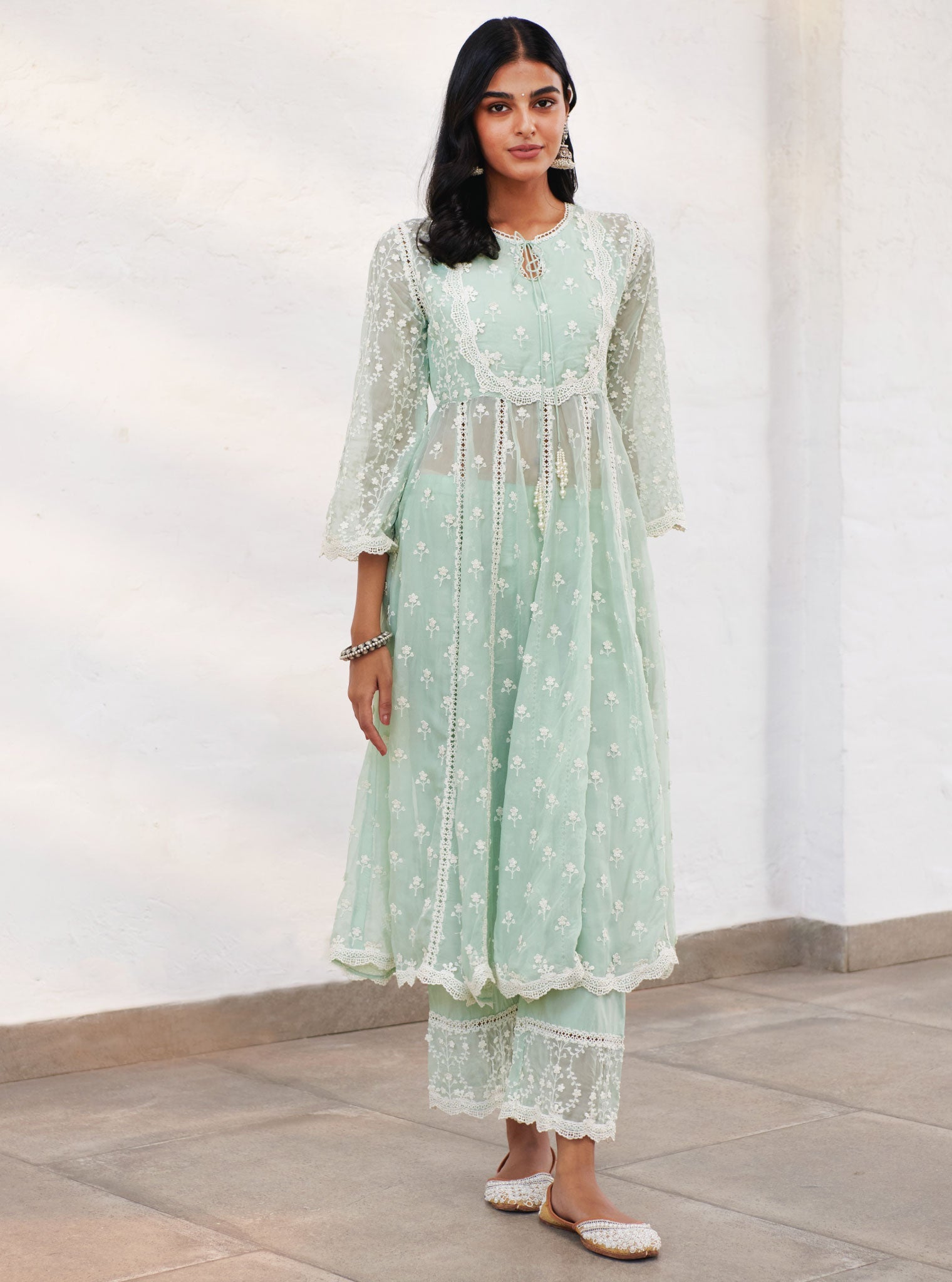 Mulmul Organza Sussex Green Anarkali Kurta With Cotton Sussex Green Pant