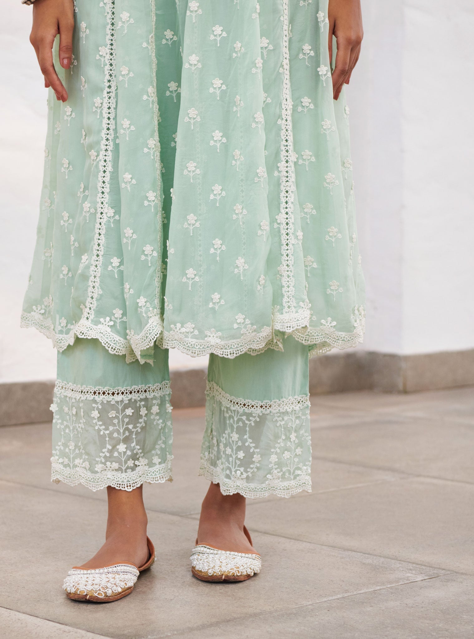 Mulmul Organza Sussex Green Anarkali Kurta With Cotton Sussex Green Pant