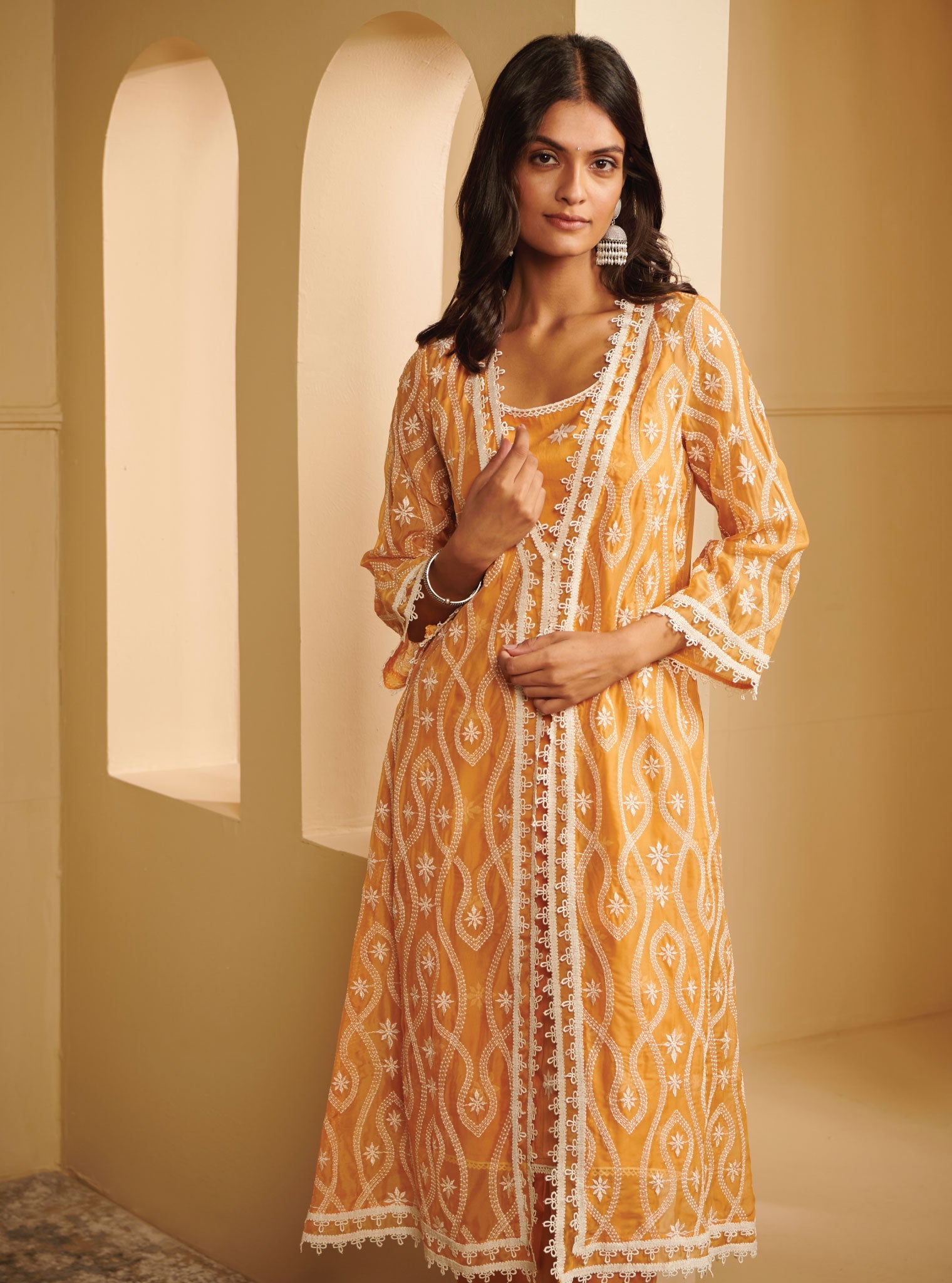 Mulmul Organza Tavisa Mango Kurta With Mulmul Pima Satin Tavisa Mango Pant