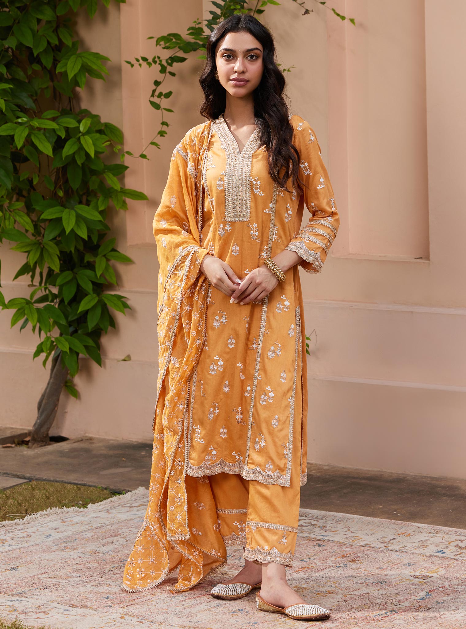 Mulmul Pima Nimisa Orange Kurta With Mulmul Nimisa Orange Pant