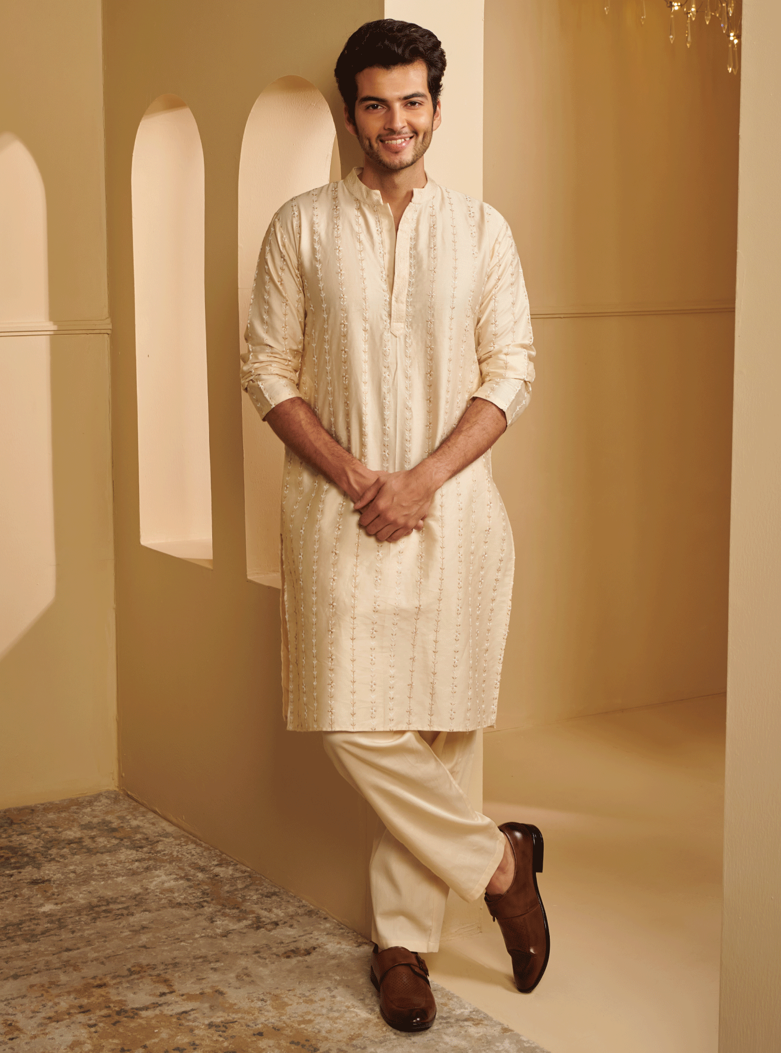 Mulmul Pima Satin Sol Off White Kurta With Sol Off White Pyajama