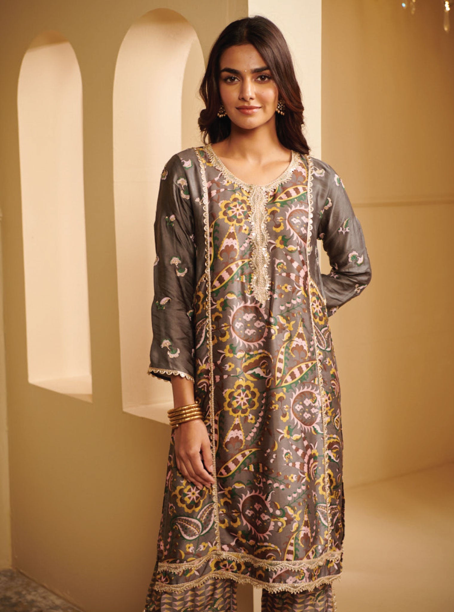 Mulmul Cupro Kenna Grey Kurta With Kenna Grey Pant