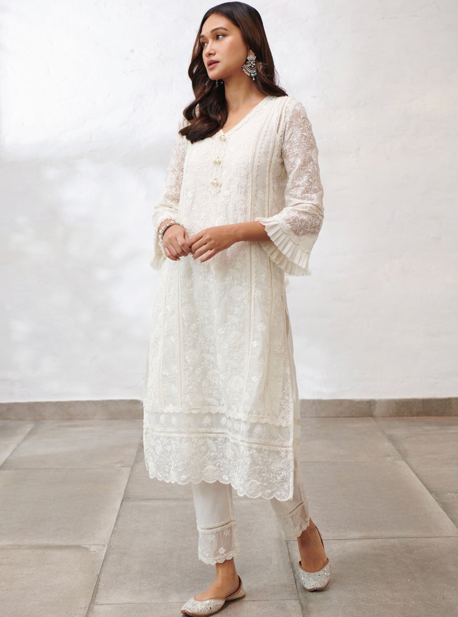 Mulmul Organza Dorset Off White Kurta With Cotton Dorset Off White Pant