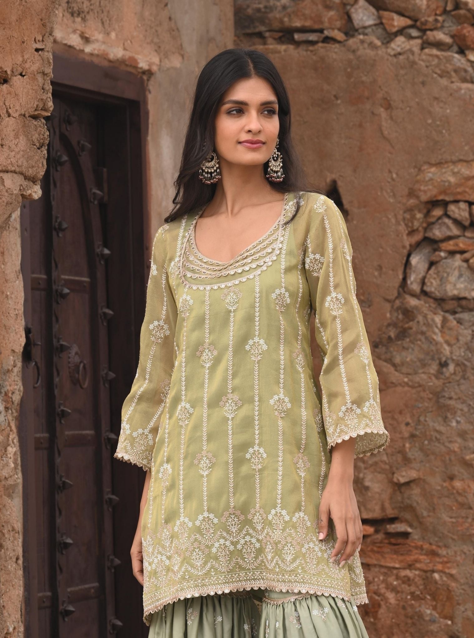 Mulmul Luxe Tissue Heer Sage Green Kurta with Mulmul Organza Satin Heer Sage Green Garara