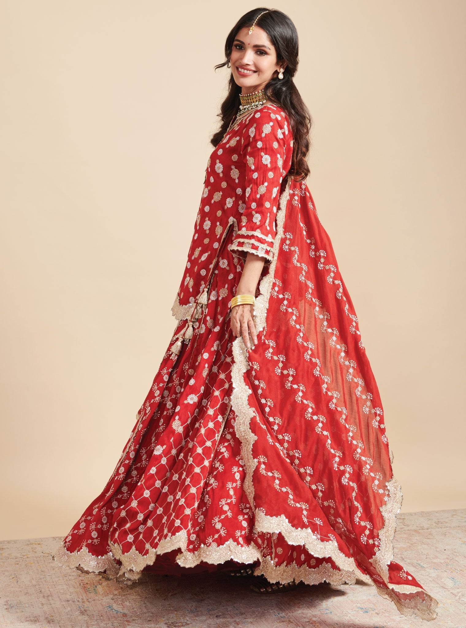 Mulmul Silk Surkh Red Kurta With Mulmul Silk Surkh Red Lehenga