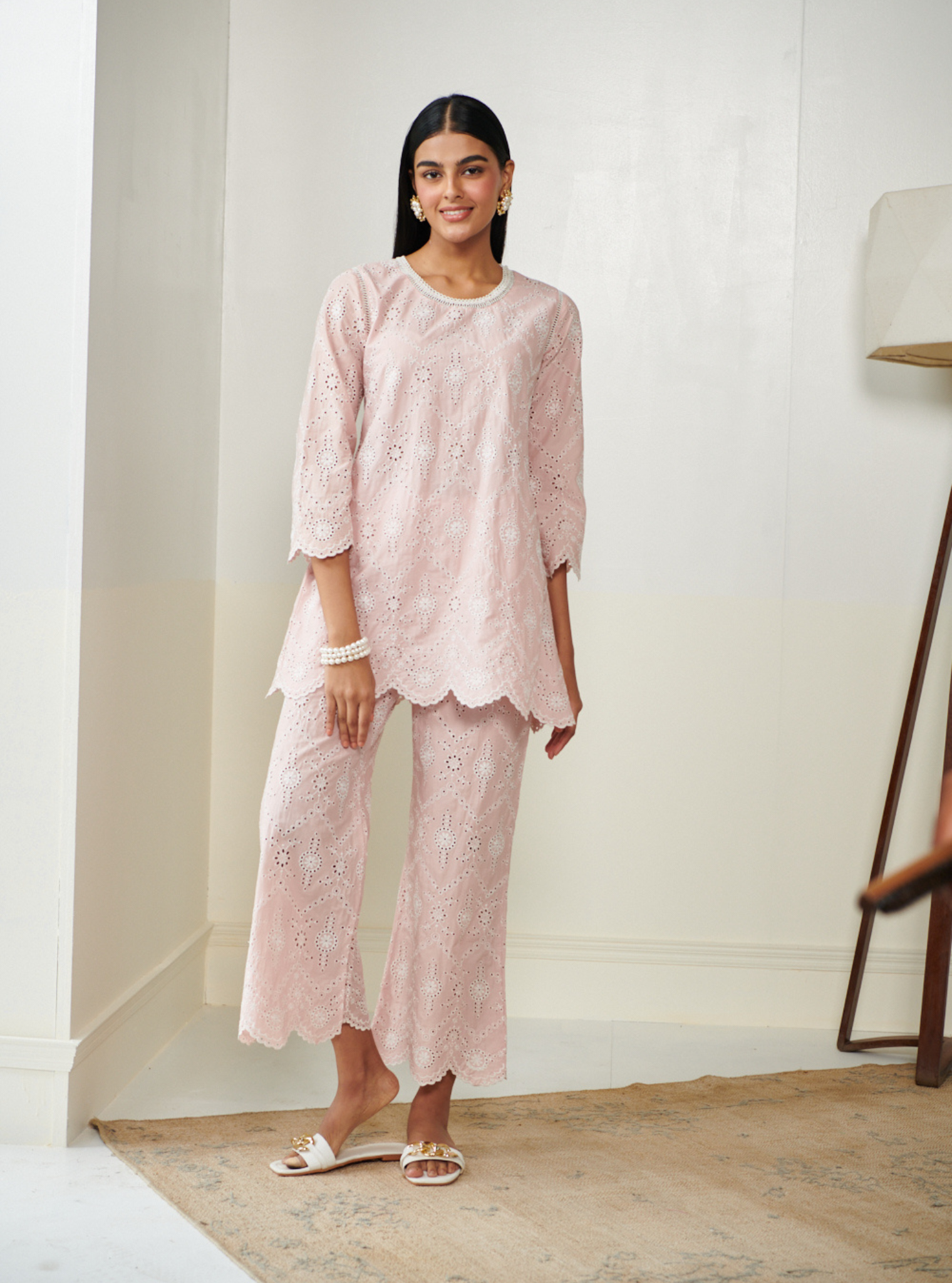 Mulmul Cotton Evelyn Pink Top With Evelyn Pink Bell Bottom Pant