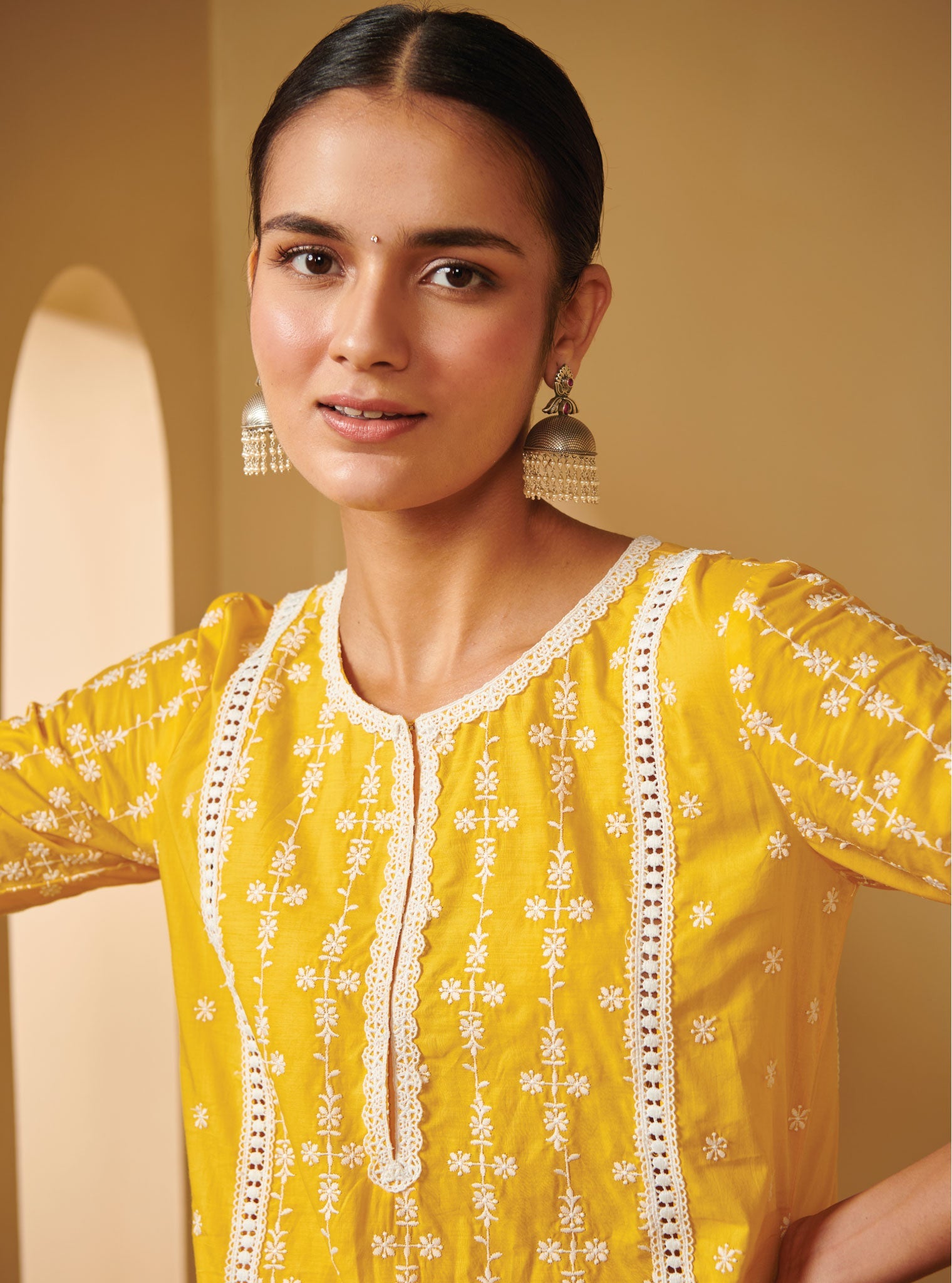 Mulmul Cotton Laiqa Mango Kurta With Mulmul Cotton Diagonal Lace White Pant