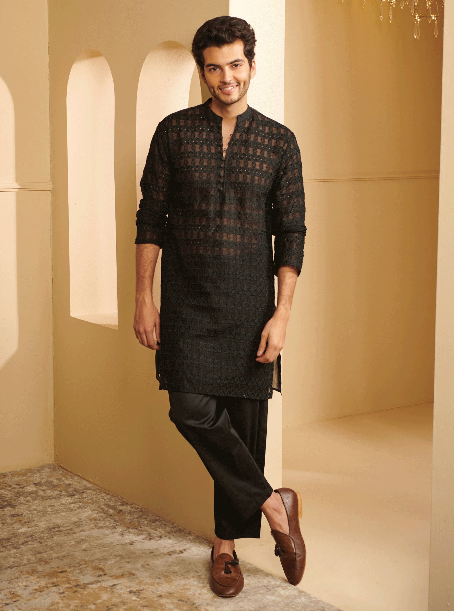 Mulmul Organza Zeke Black Kurta With Mulmul Pima Satin Zeke Black Pyajama