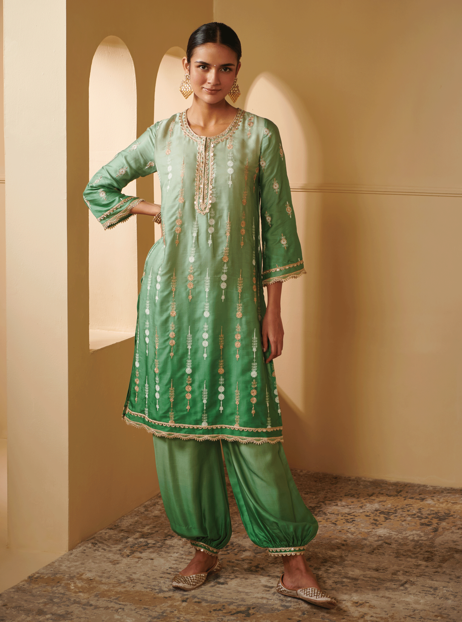 Mulmul Cupro Silk Tiya Green Kurta With Tiya Green Pant