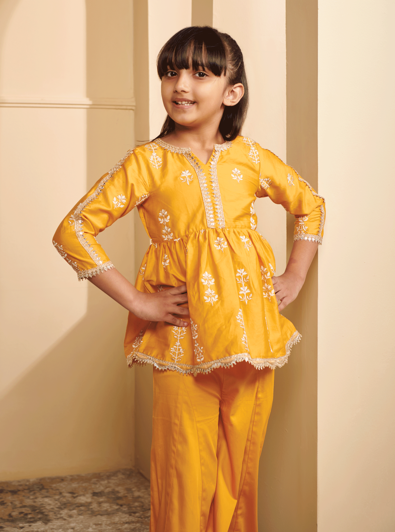 Mulmul Pima Satin Jhelum Yellow Kurta With Jhelum Yellow Sharara