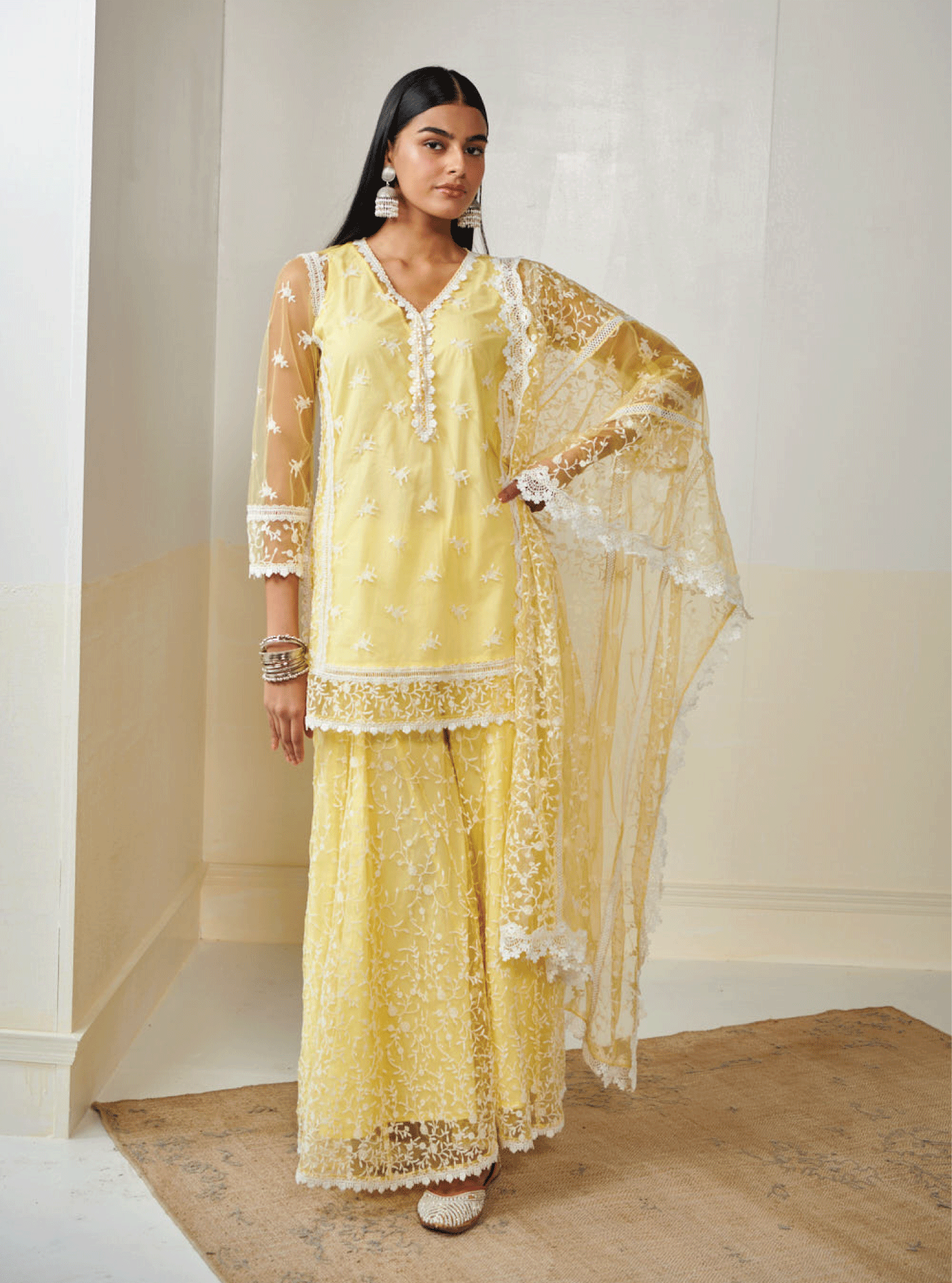 Mulmul Net Odyssey Yellow Kurta With Odyssey Yellow Sharara