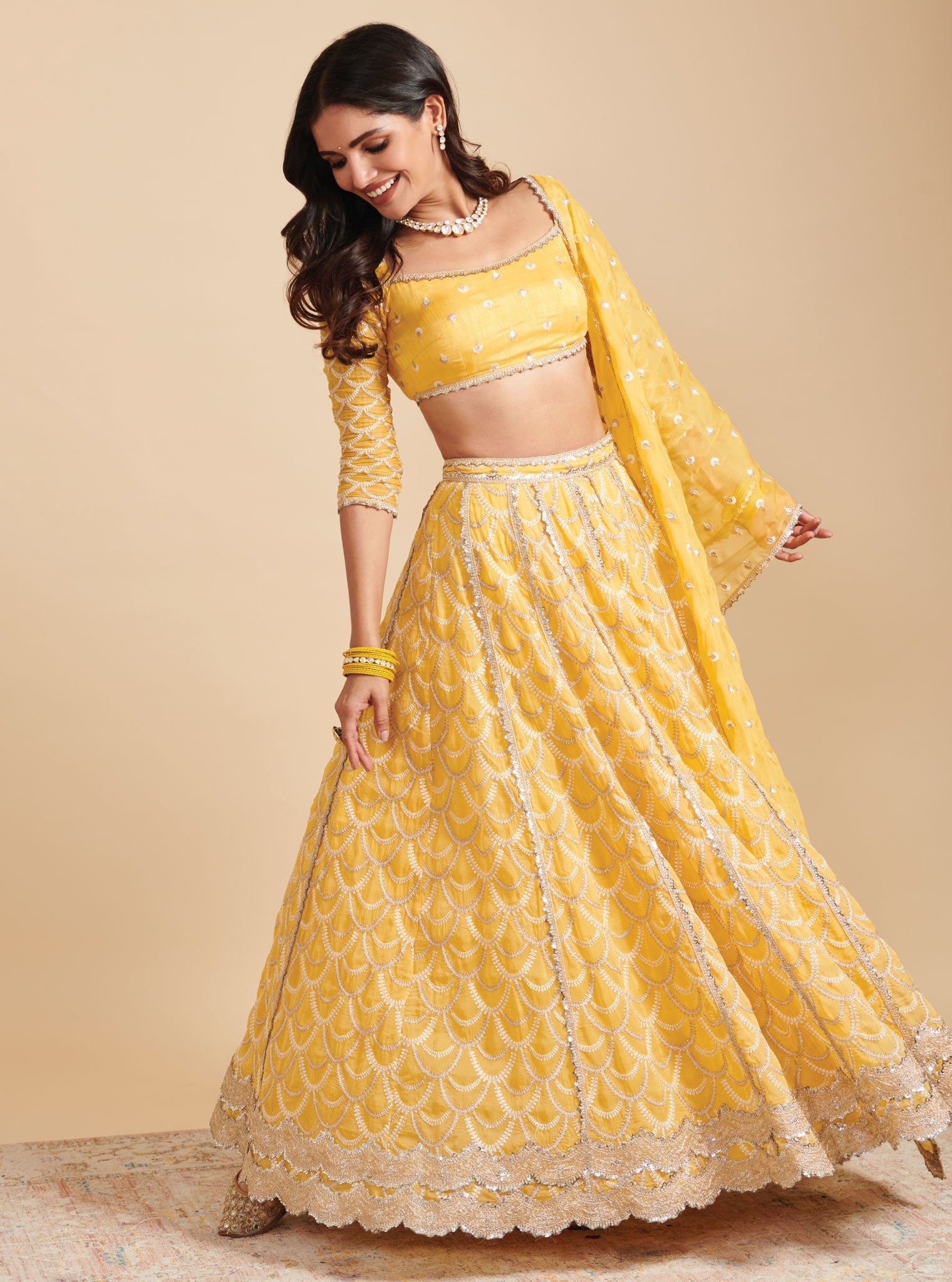 Mulmul Organza Morni Yellow Lehenga