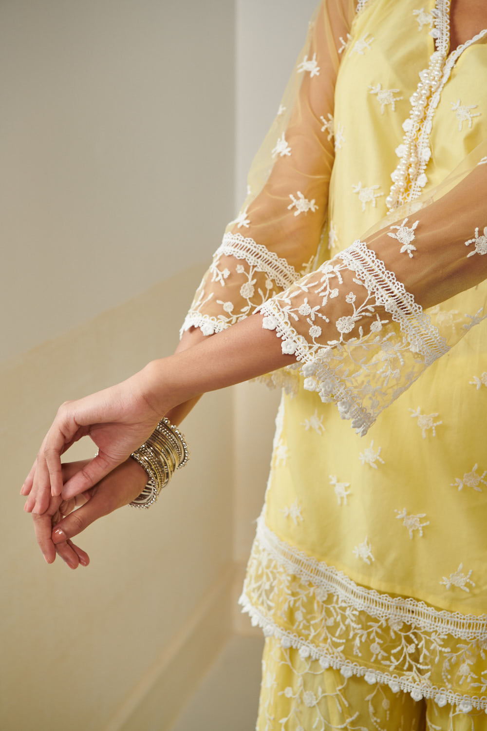 Mulmul Net Odyssey Yellow Kurta With Odyssey Yellow Sharara